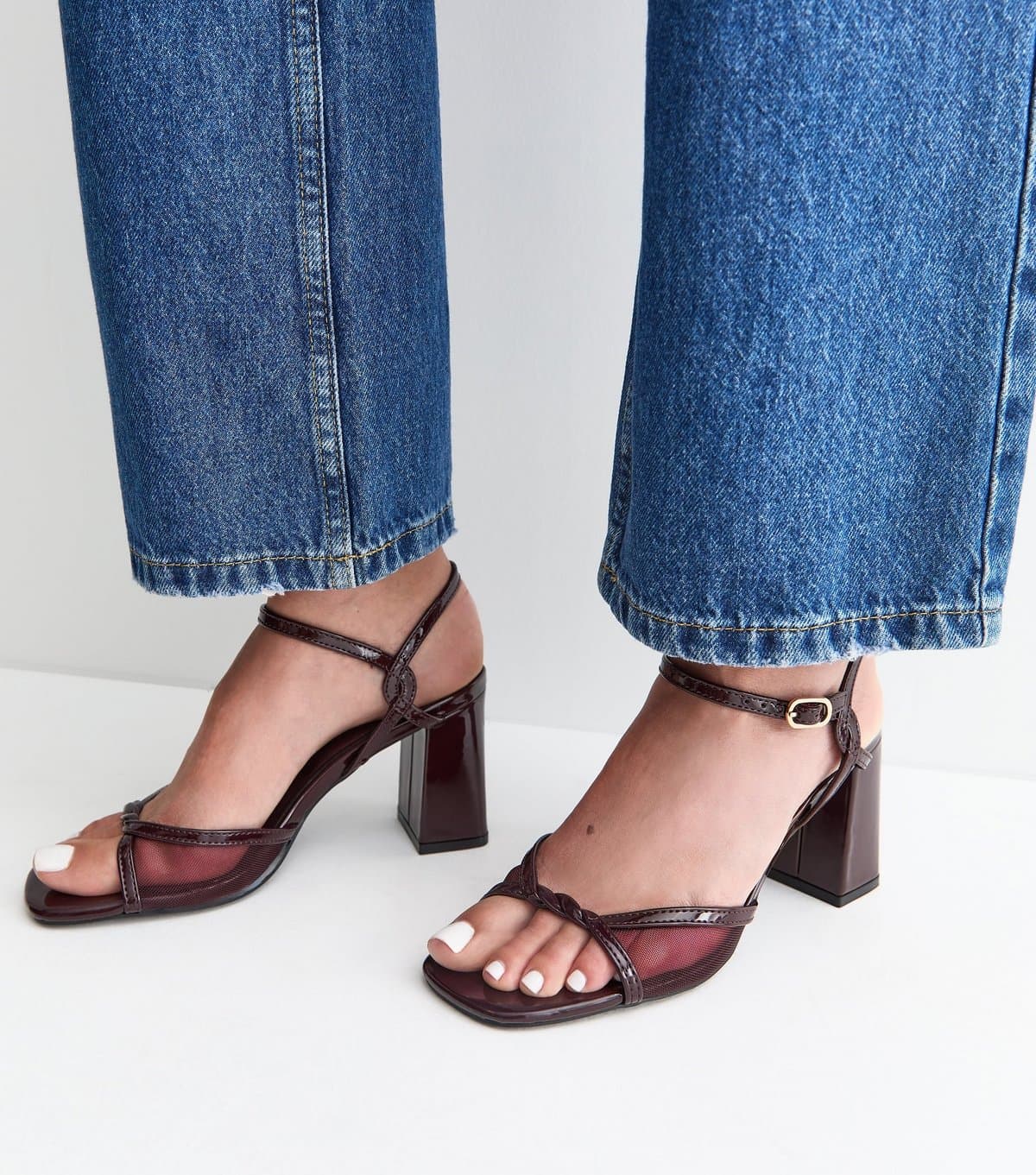 New Look Women's Dark Burgundy Faux Leather Twist Strap Block Heel Sandals Vegan New Look