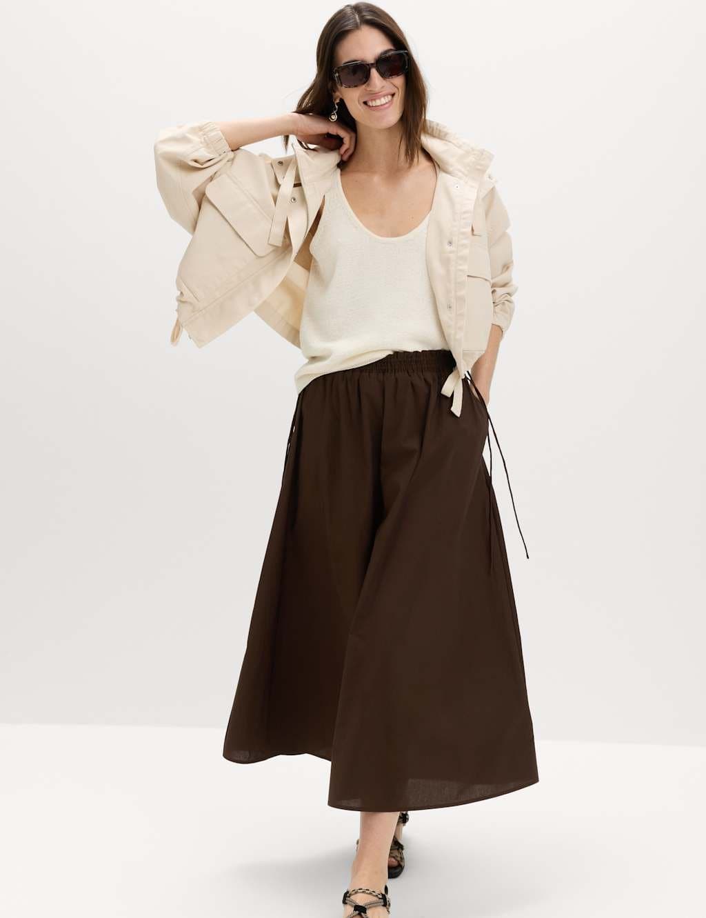 Marks & Spencer M&S Pure Cotton Poplin Tie Side Midi Skirt Dark Chocolate