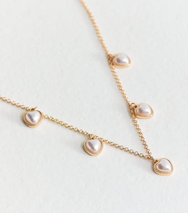 New Look Gold Tone Mini Puff Heart Faux Pearl Charm Necklace New Look - 3