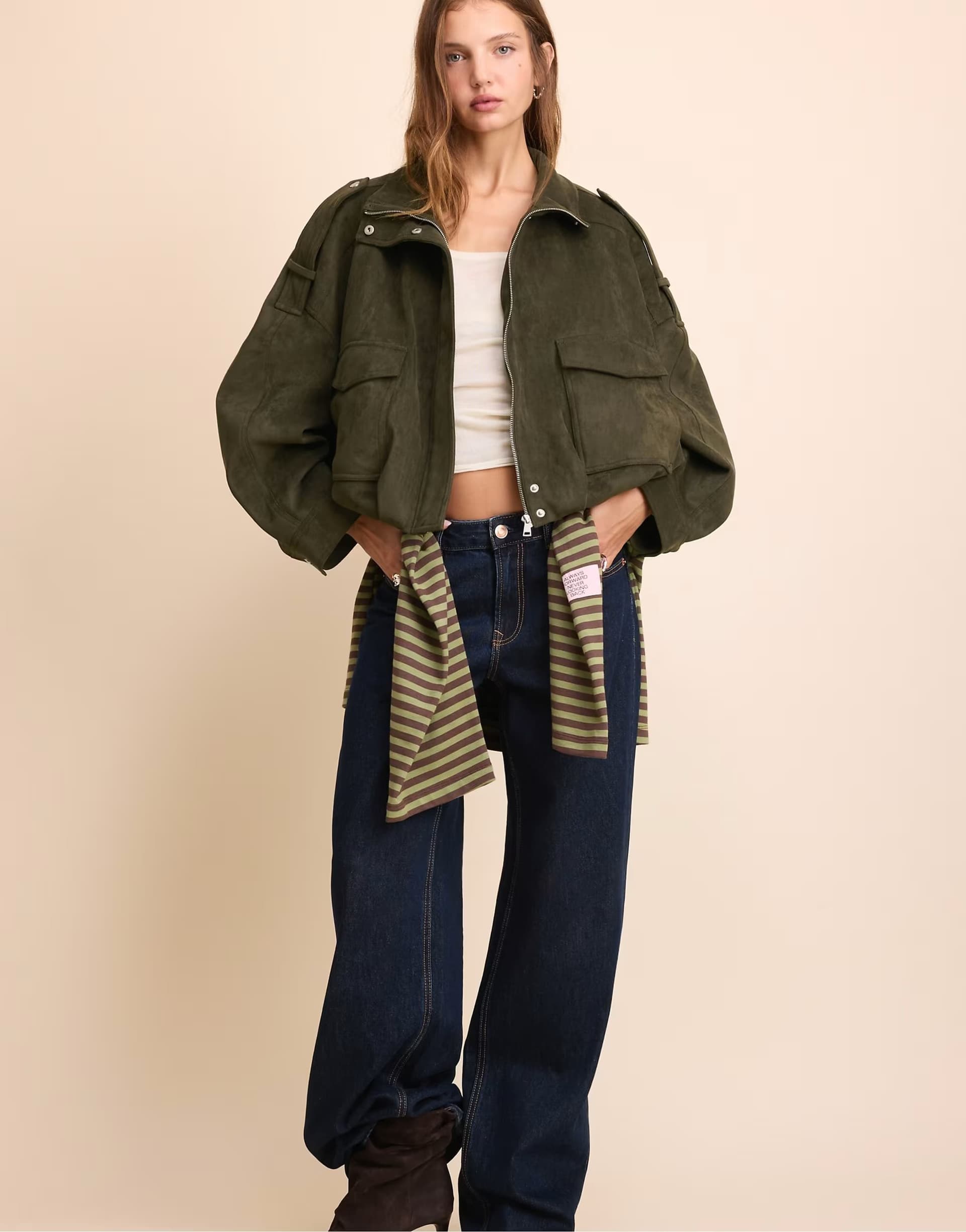 ASOS Stradivarius Oversize faux suede jacket in khaki