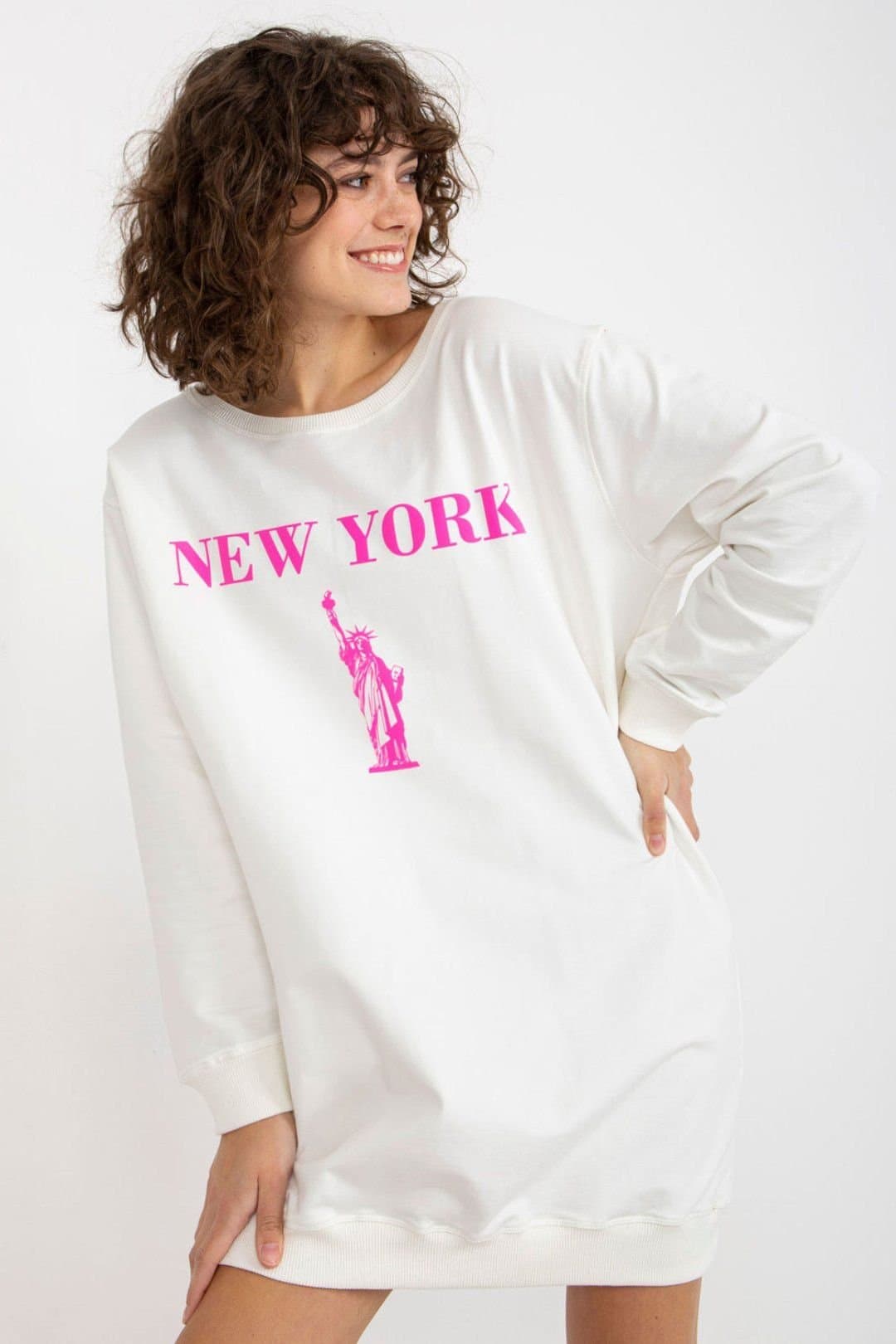 Love Lace Love Lace White Oversized Cotton Blend Printed Crew Sweater