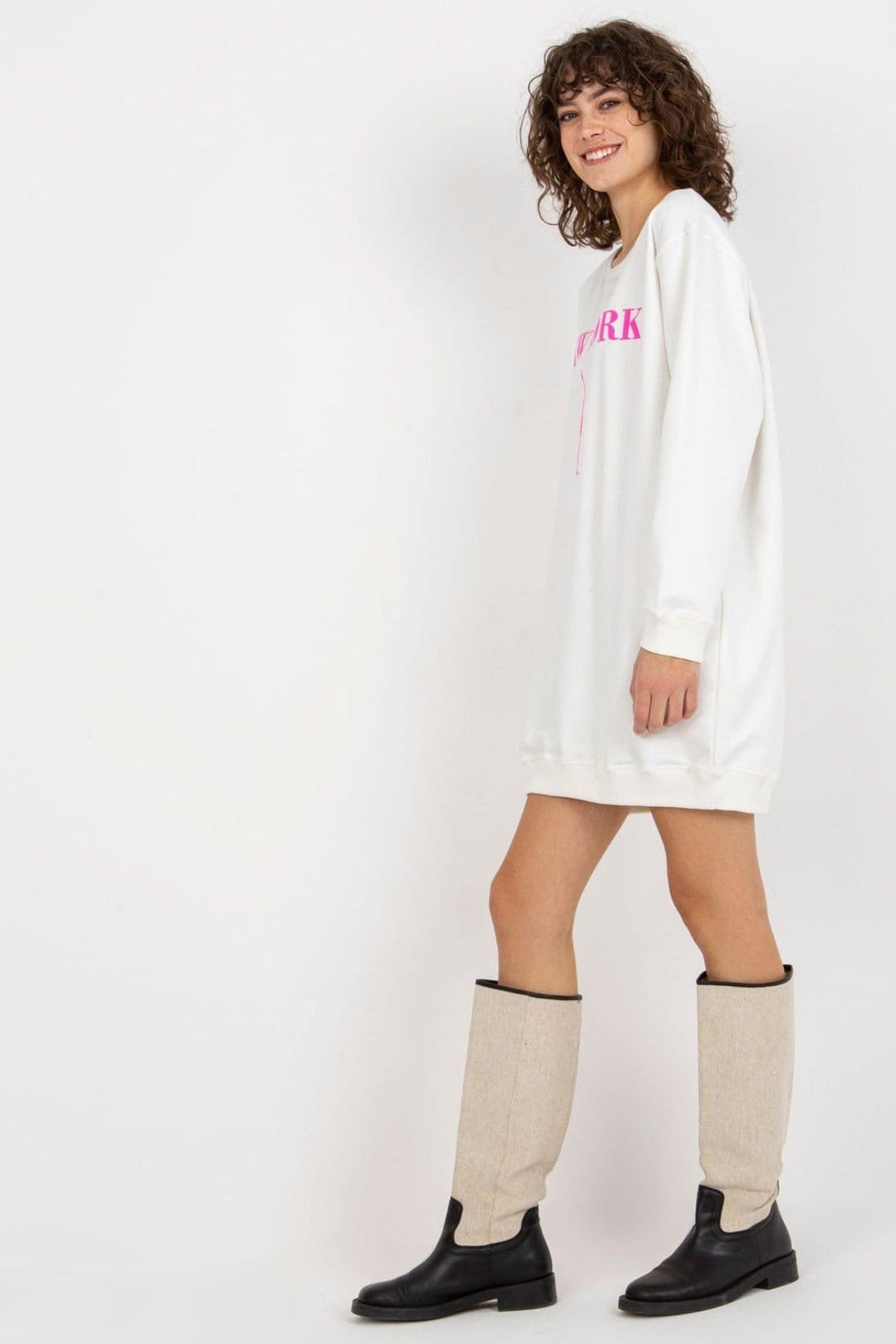Love Lace Love Lace Women's Oversized Cotton Blend Printed Crew Sweater in White - 4