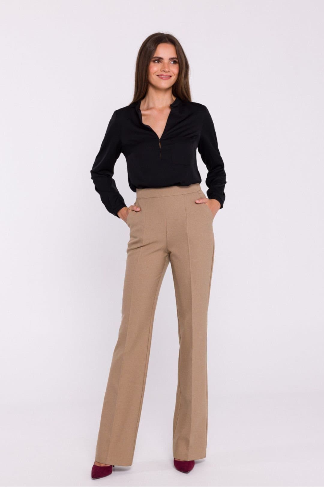 Love Lace Love Lace Women's Elegant High Rise Flared Fabric Pants in Beige