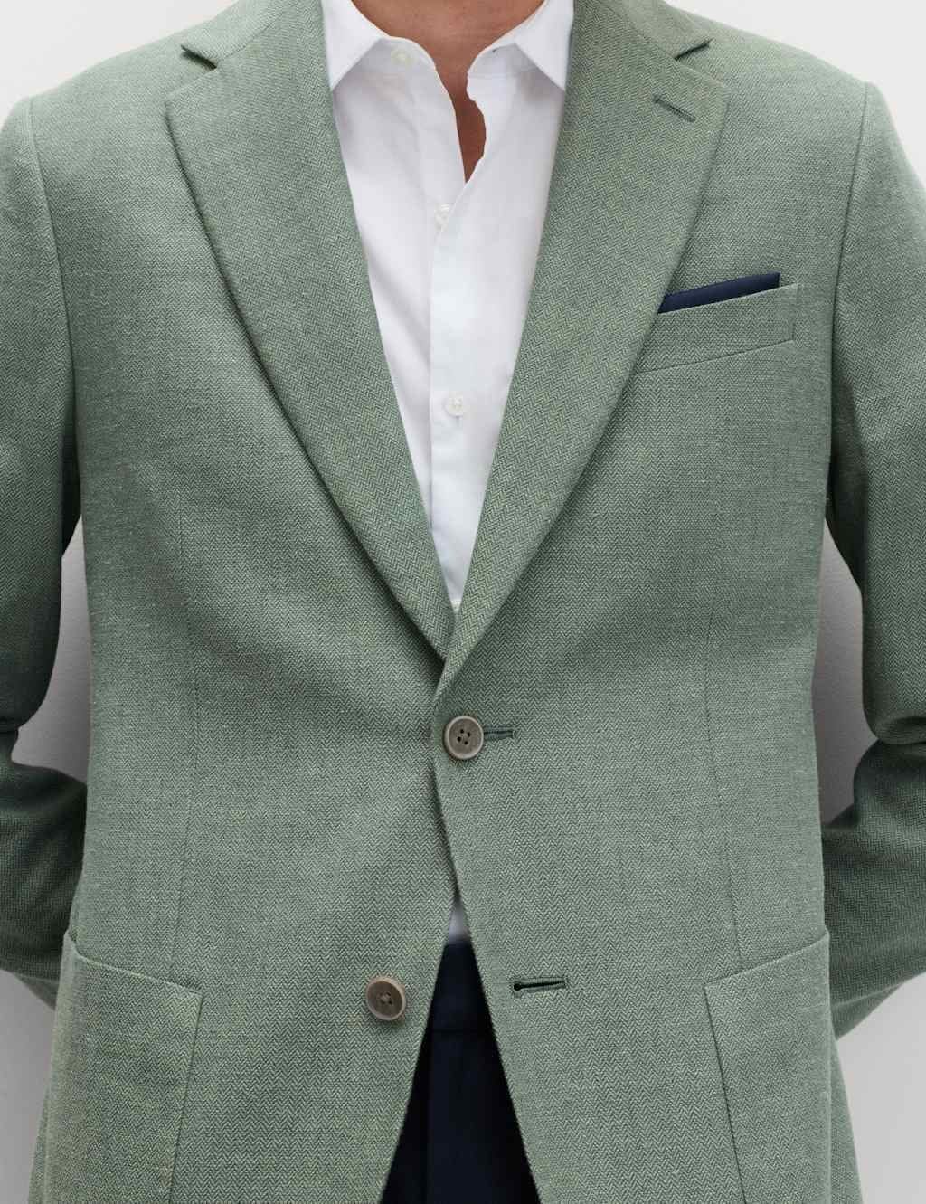 Marks & Spencer M&S Tailored Fit Linen Cotton Blend Herringbone Blazer Green - 1