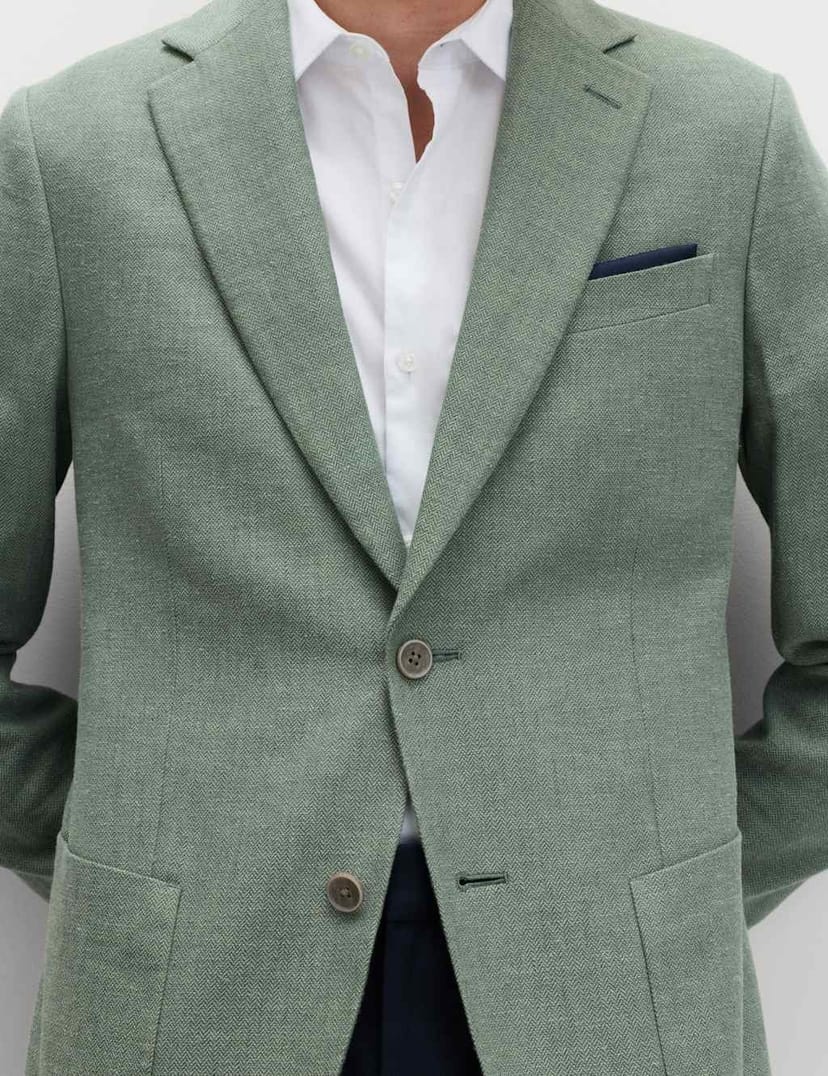 Marks & Spencer M&S Tailored Fit Linen Cotton Blend Herringbone Blazer Green - 1