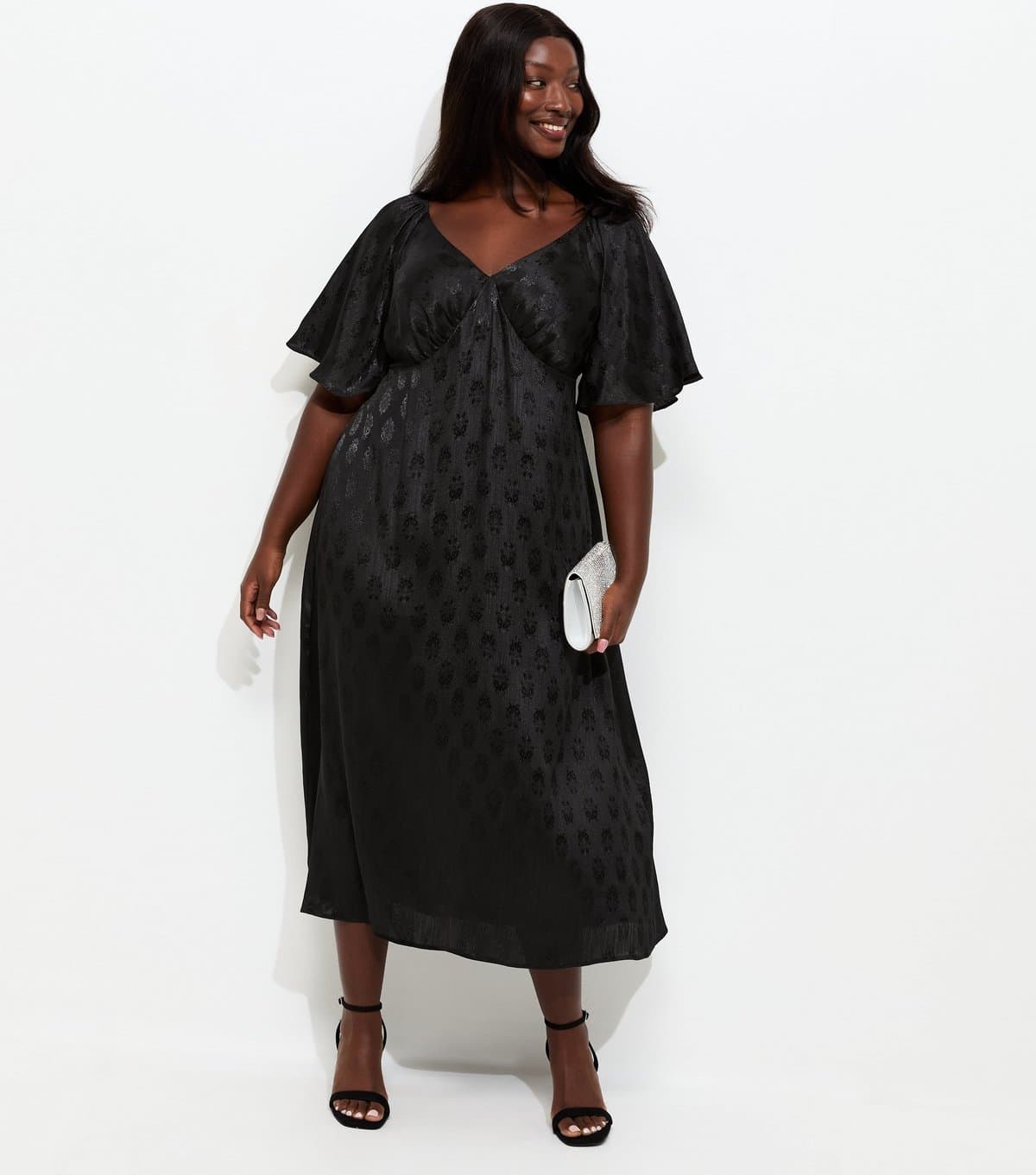 New Look Women's Plus Size Black Paisley Jacquard Flutter Sleeve Midi Dress Curves New Look