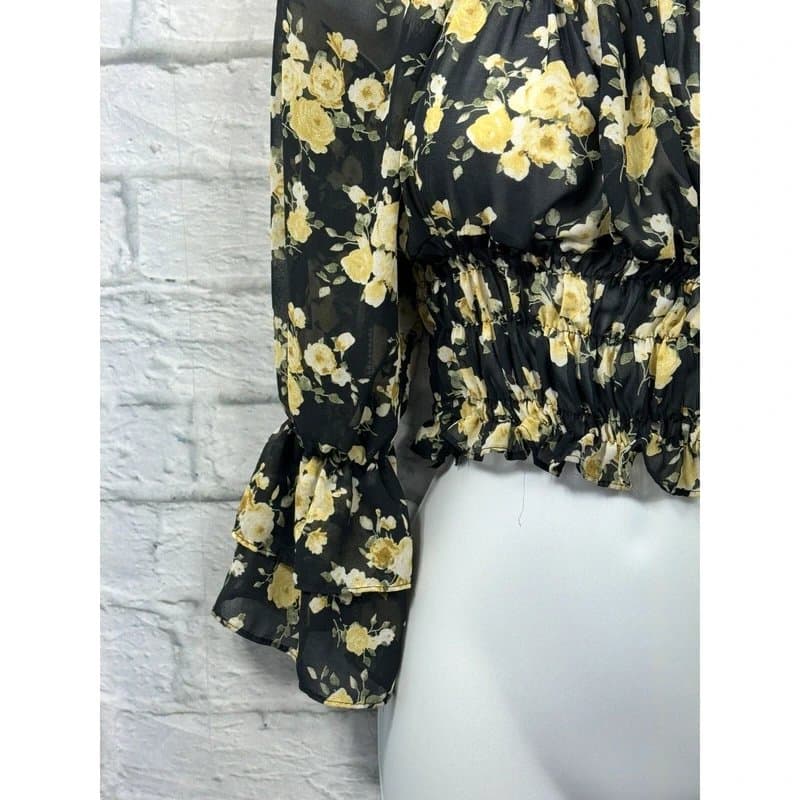 unbranded Crop Top Blouse Chiffon Sheer Size 6 Black Yellow Floral Summer Cottage Preppy