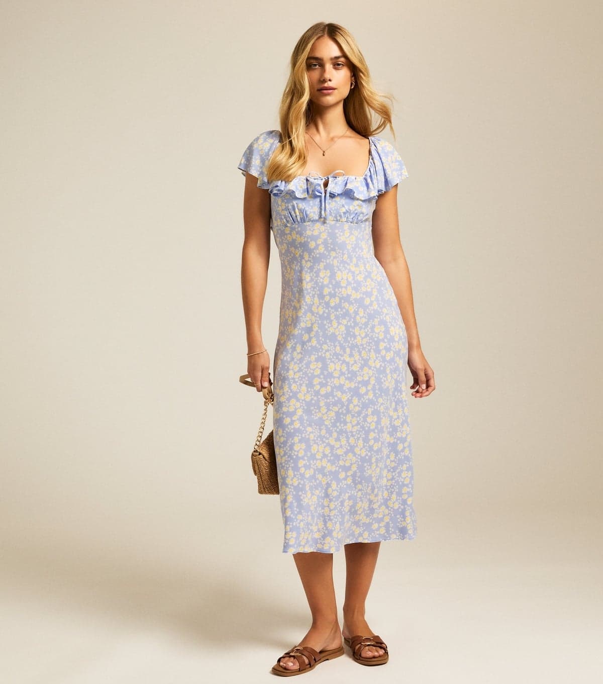 New Look Women's Blue Daisy Print Square Neck Frill Midi Dress New Look