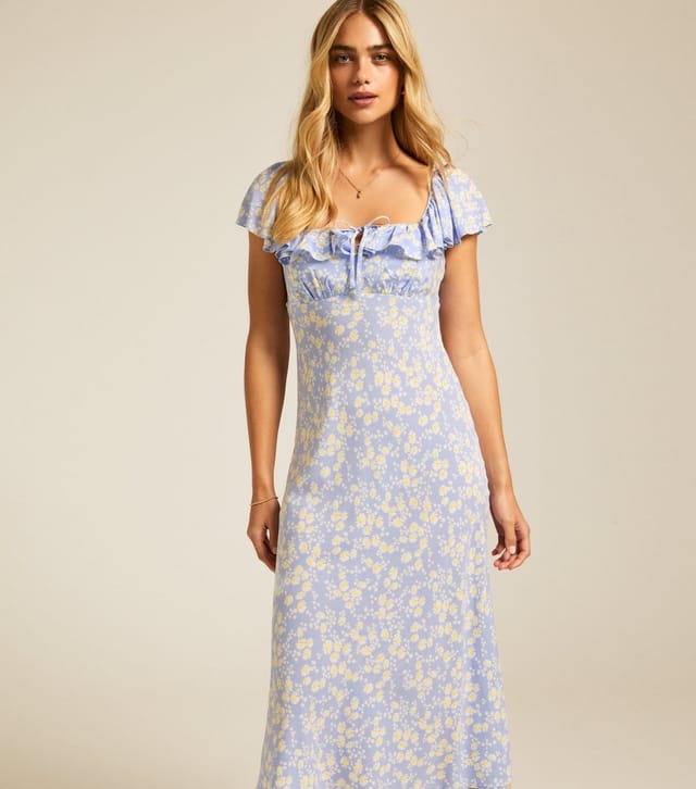 New Look Women's Blue Daisy Print Square Neck Frill Midi Dress New Look - 3