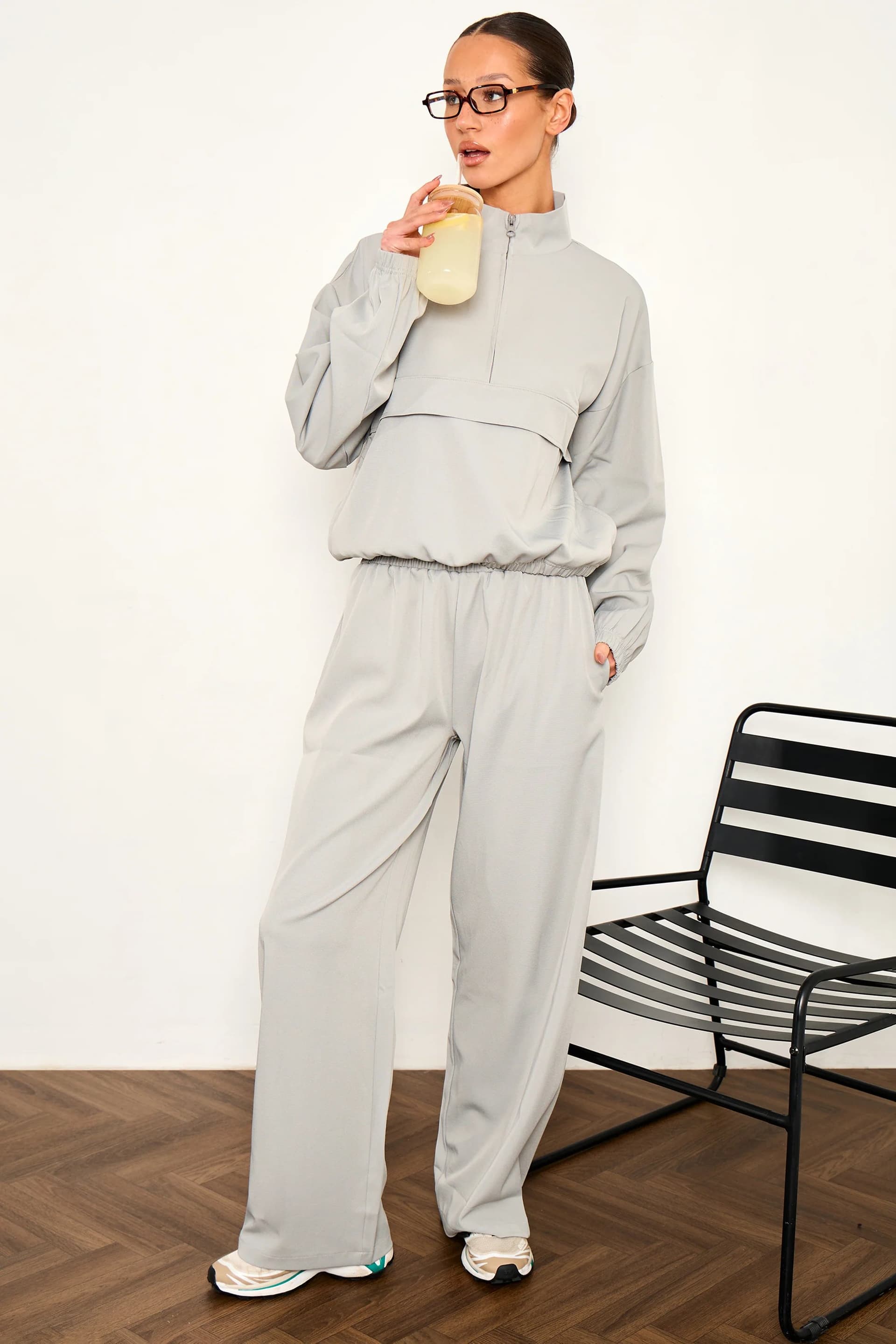 Kaiia Kaiia Grey Blue Woven Wide Leg Trousers