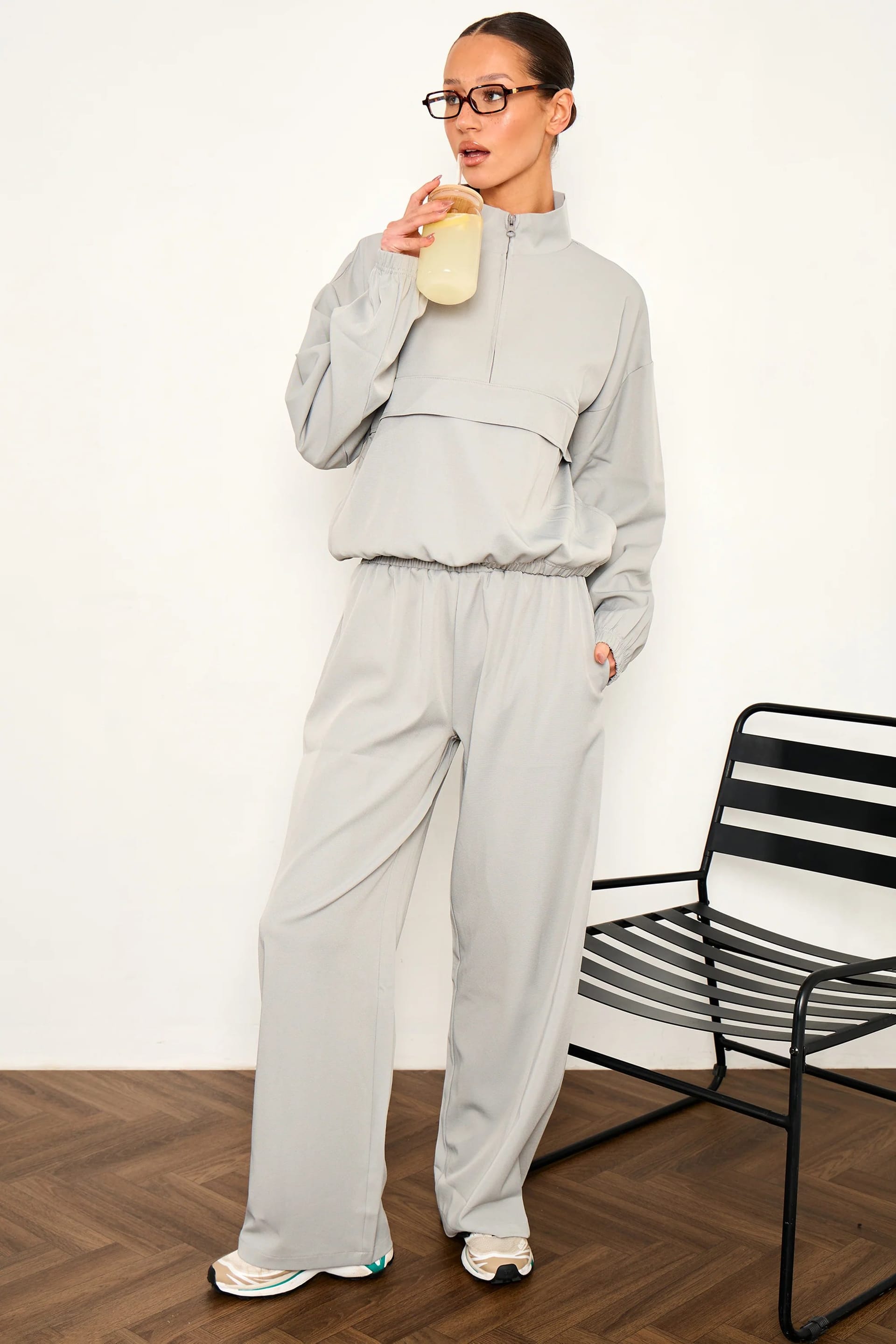 Kaiia Grey Blue Woven Wide Leg Trousers