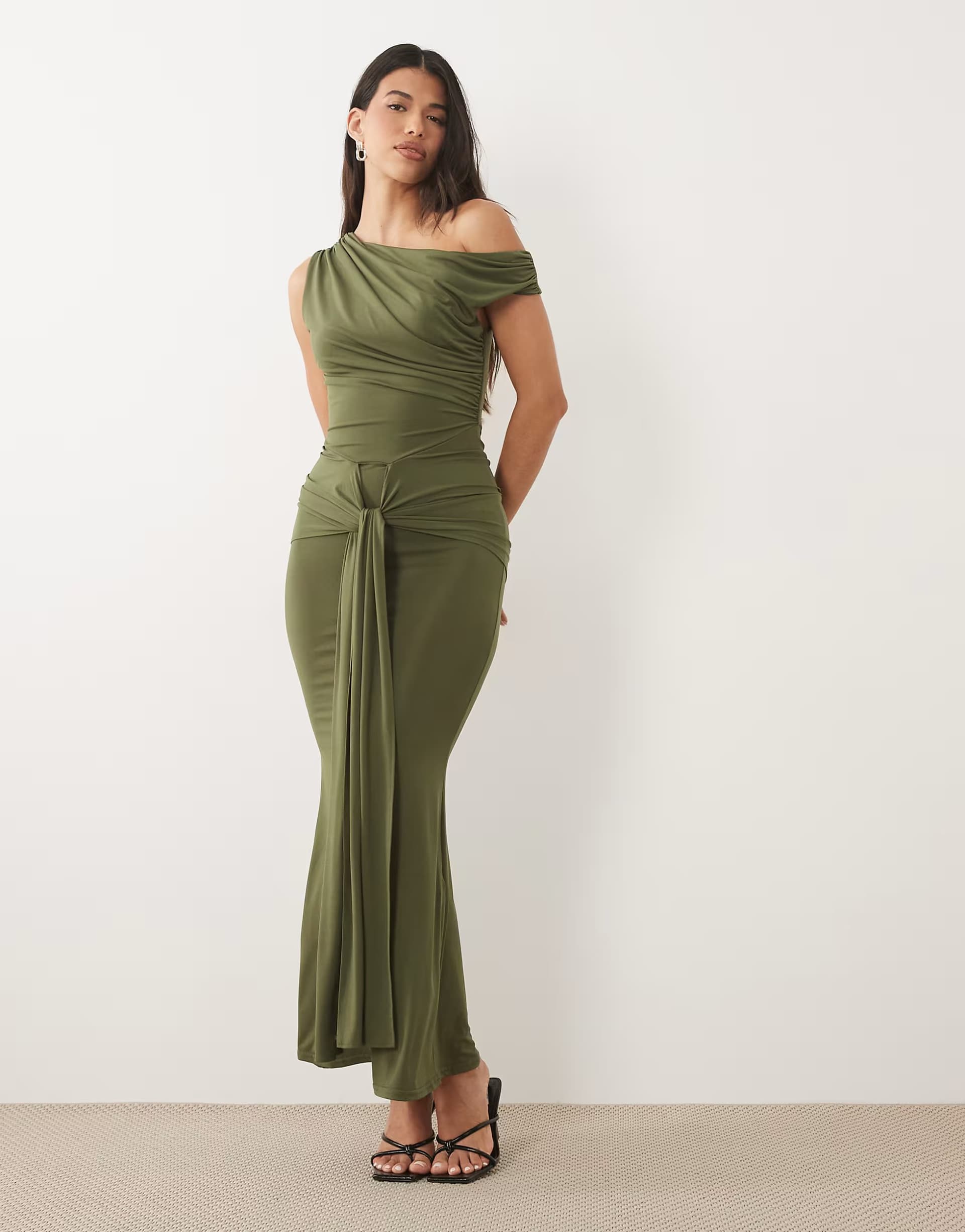 ASOS TFNC slinky draped one shoulder maxi dress in olive