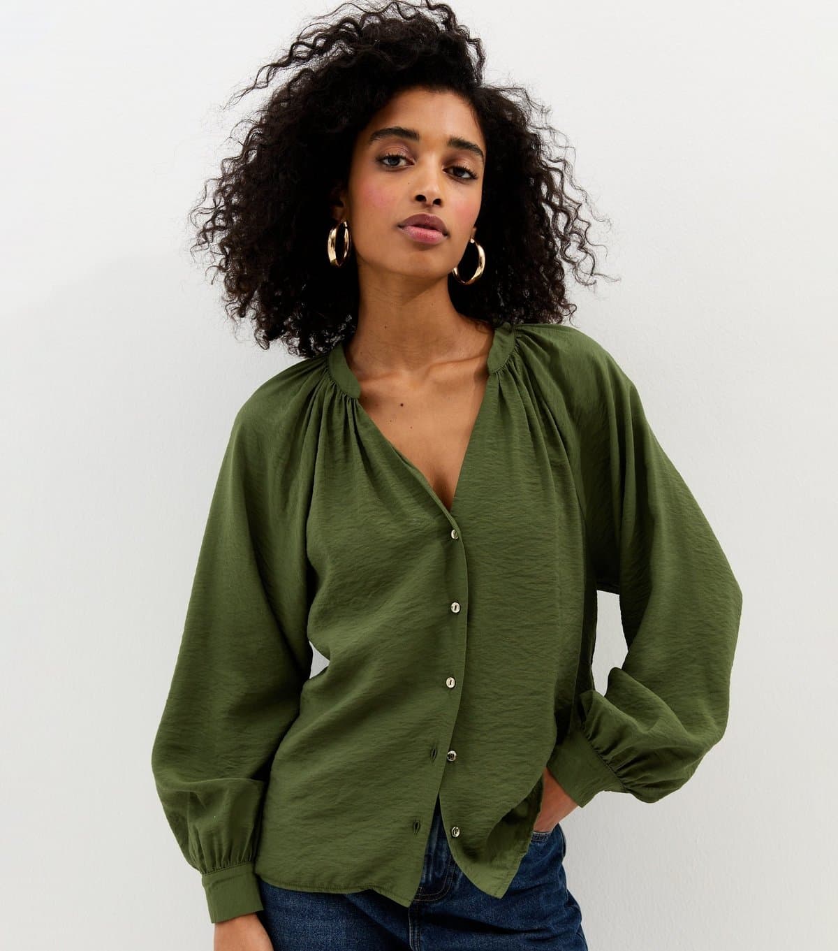 New Look Women's Dark Khaki Flowy Raglan Sleeve Blouse New Look