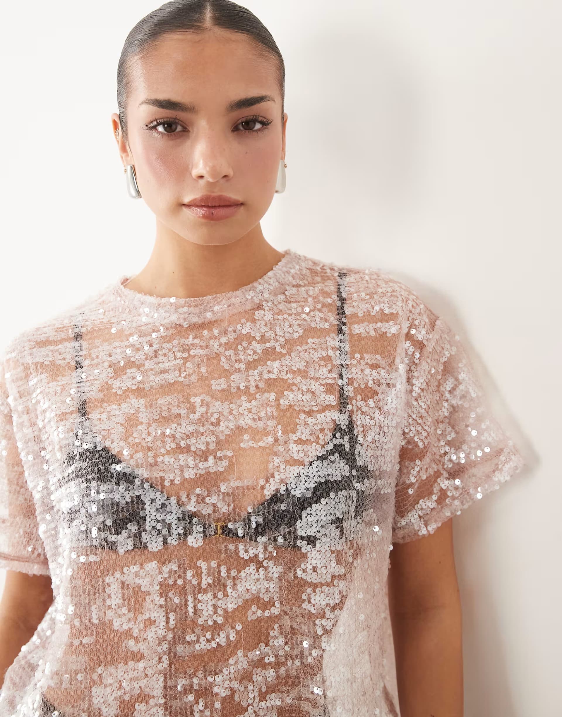 ASOS ASOS DESIGN sheer sequin oversized t-shirt in pink