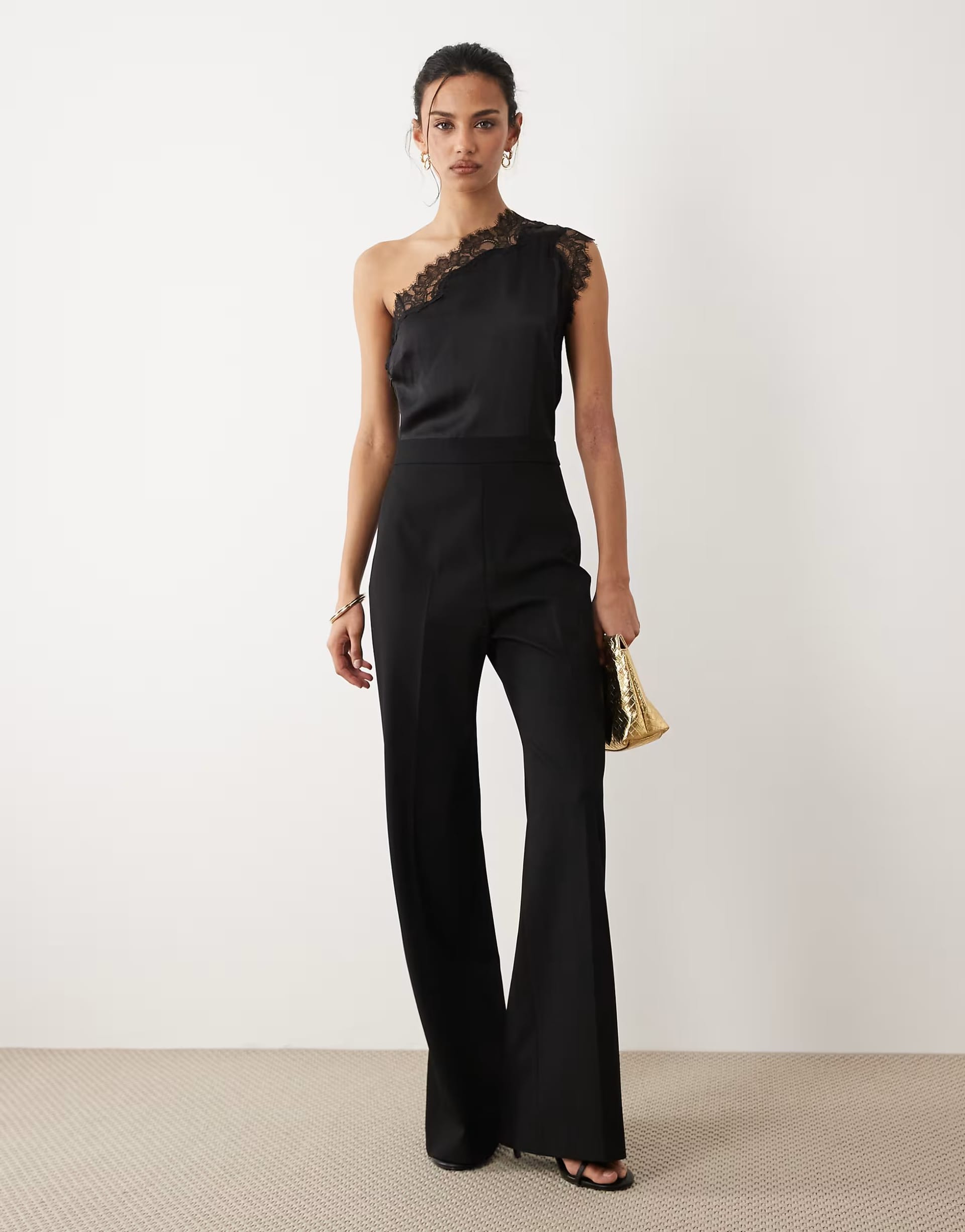 ASOS Black Satin One-Shoulder Jumpsuit with Lace Detail