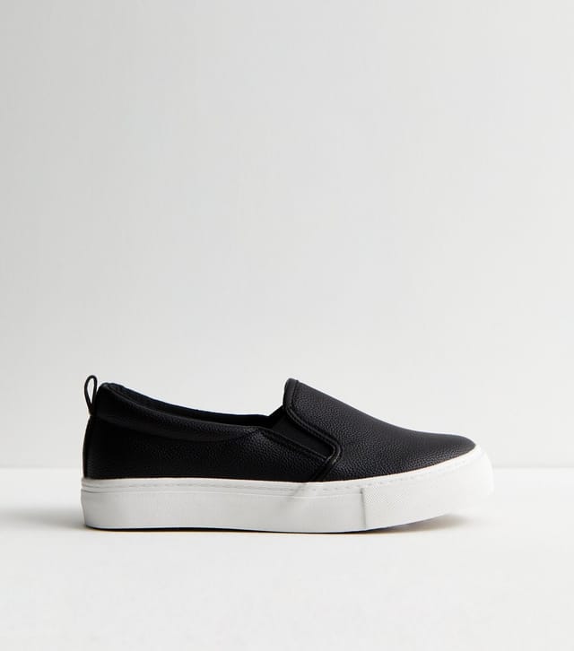 New Look Women's Black Leather-Look Slip On Trainers New Look - 2