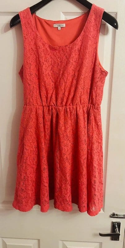 New Look Coral Lace Skater Dress for Holiday Parties