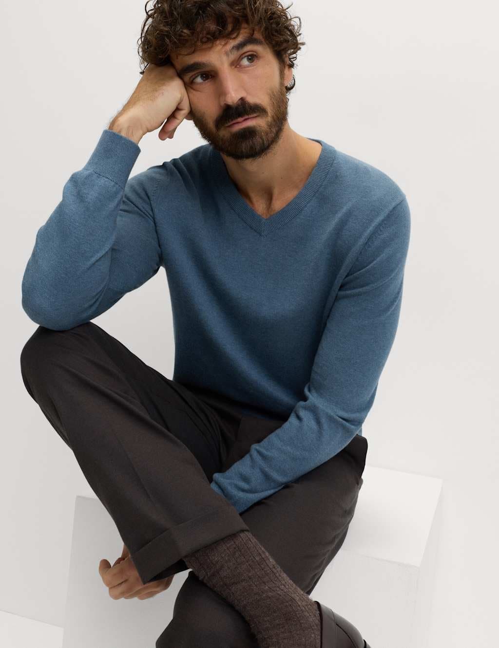 Marks & Spencer M&S Pure Cotton V-Neck Jumper Air Force Blue