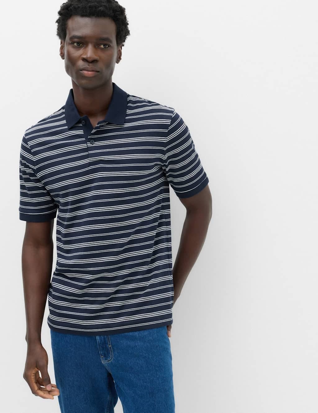 Marks & Spencer M&S Pure Cotton Yarn Dye Striped Polo Shirt Navy