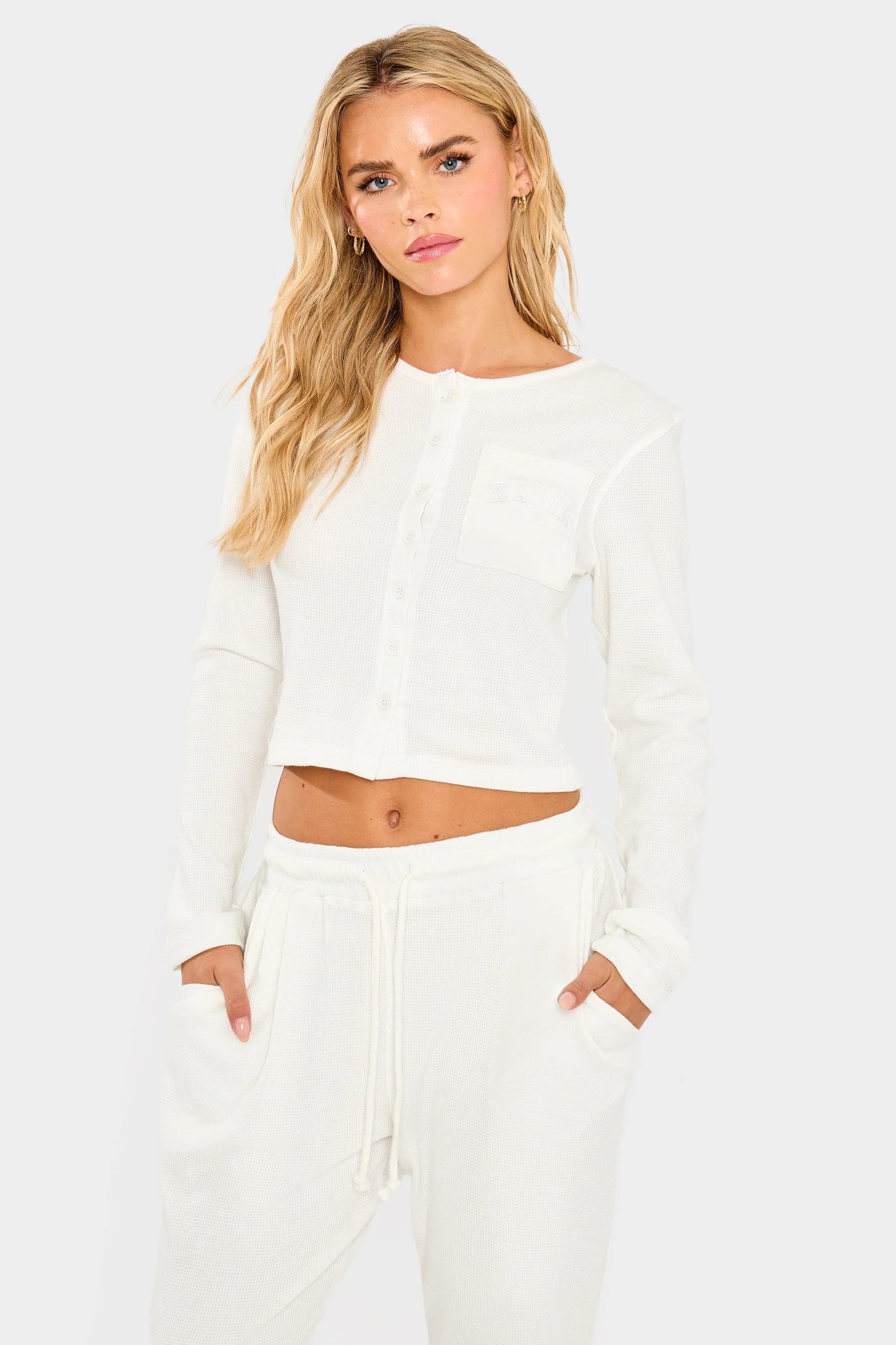 Kaiia Cream Waffle Button Up Long Sleeve Top