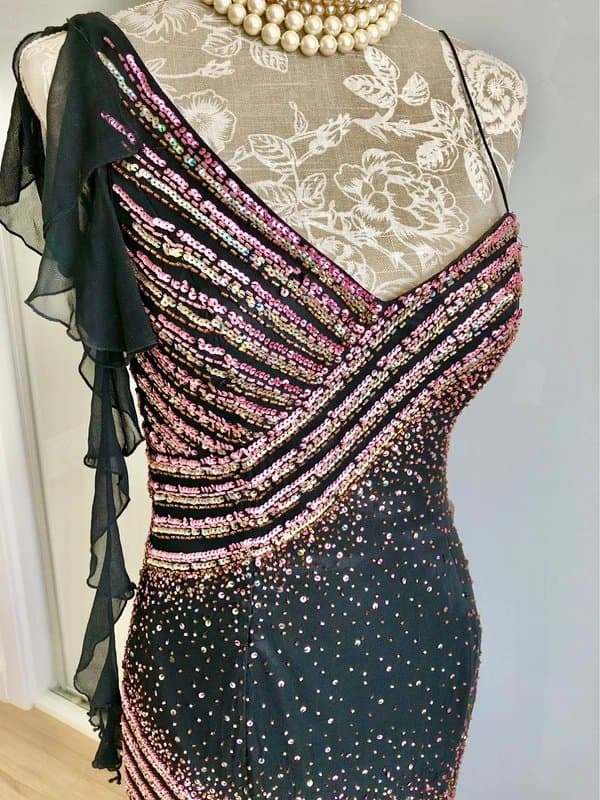 Yve London Vintage Y2K Silk Beaded Black & Pink Ruffle Fairy  Gown/ Prom Dress
