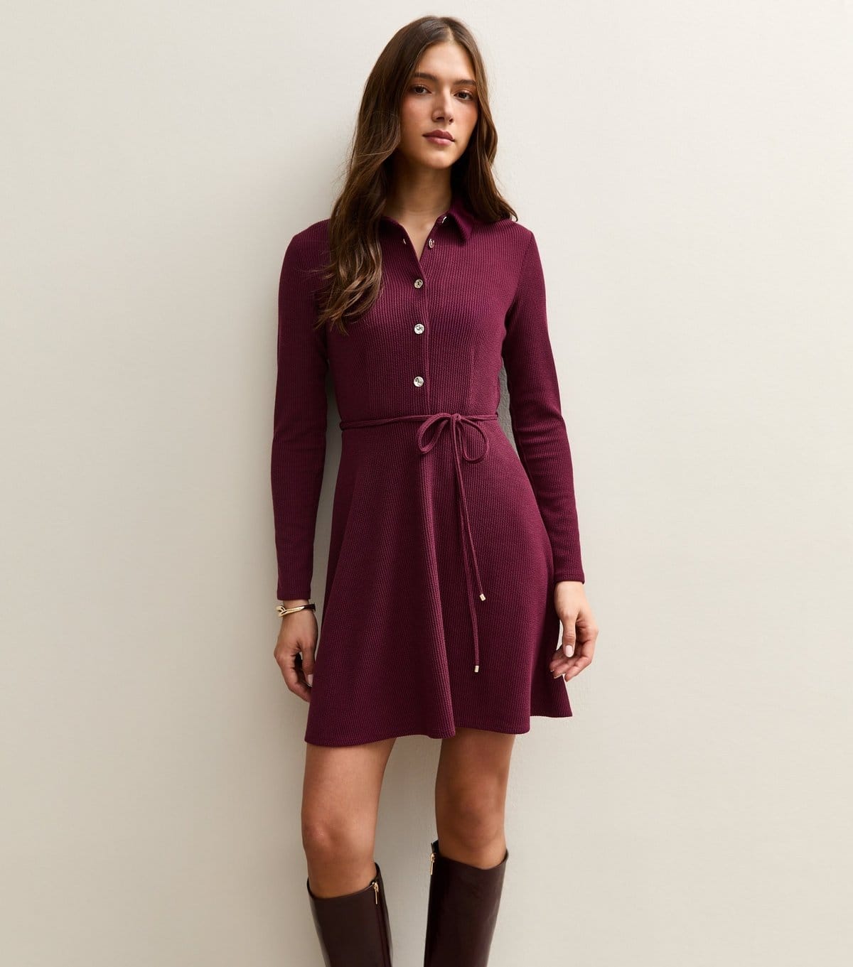 Women's Dark Burgundy Button Through Collared Mini Dress New Look