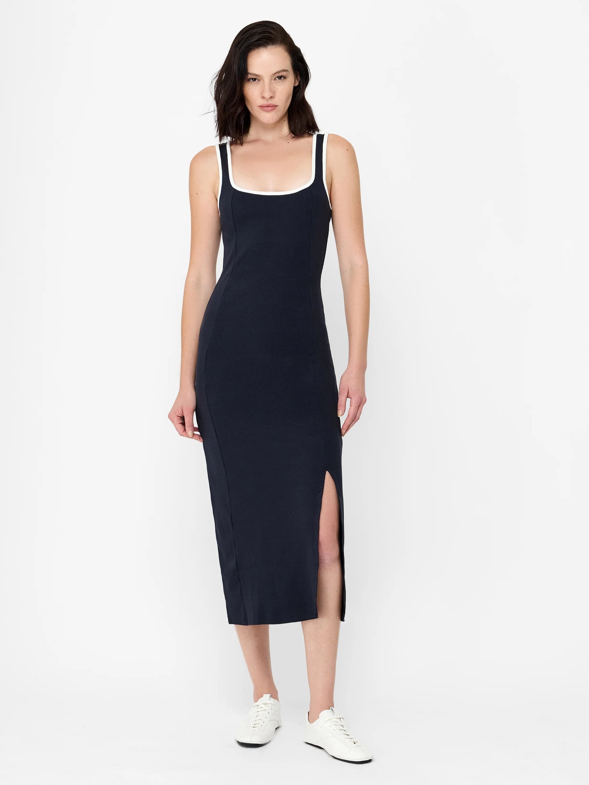 French Connection Navy Contrast Trim Square Neck Ribbed Midi Dress Navy/White
