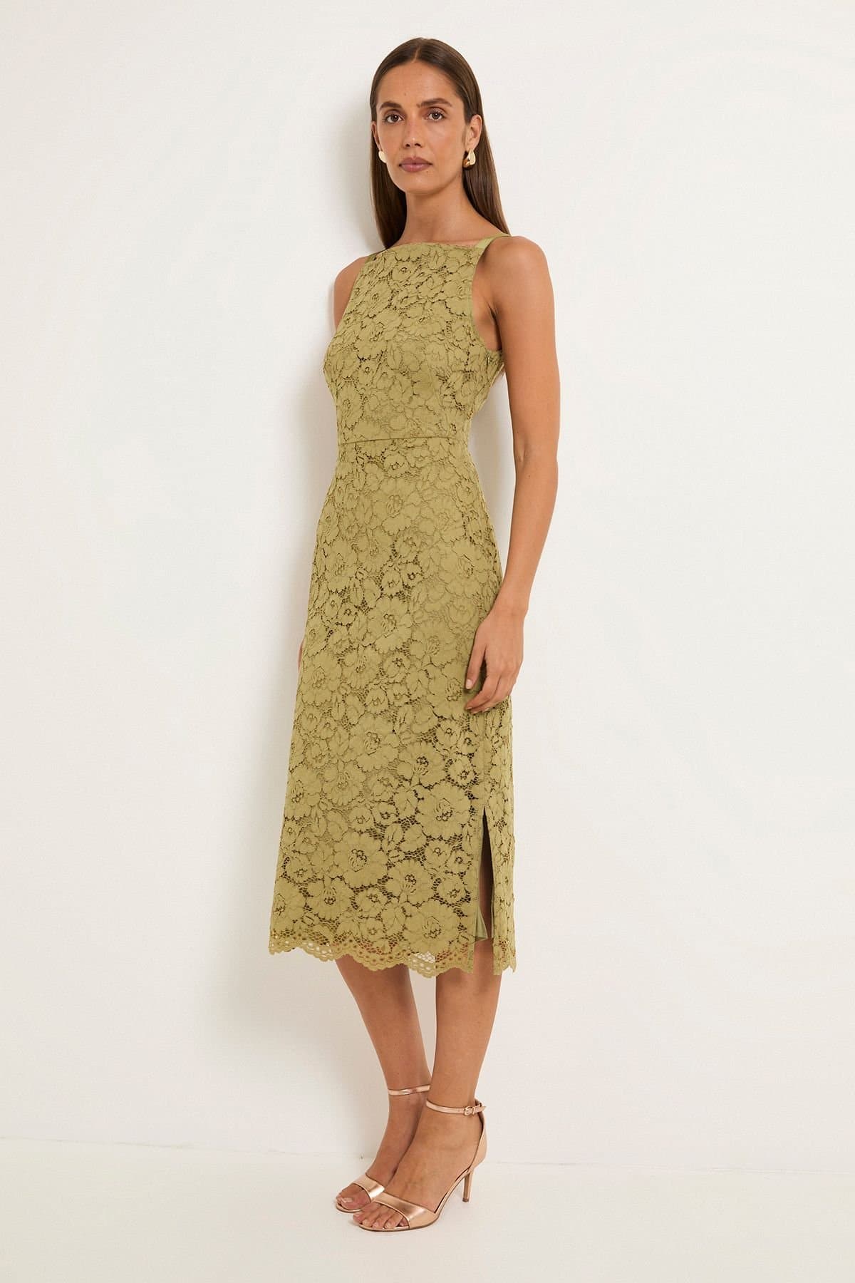 Wallis Wallis Women's Lace Satin Strap Pencil Dress in Olive