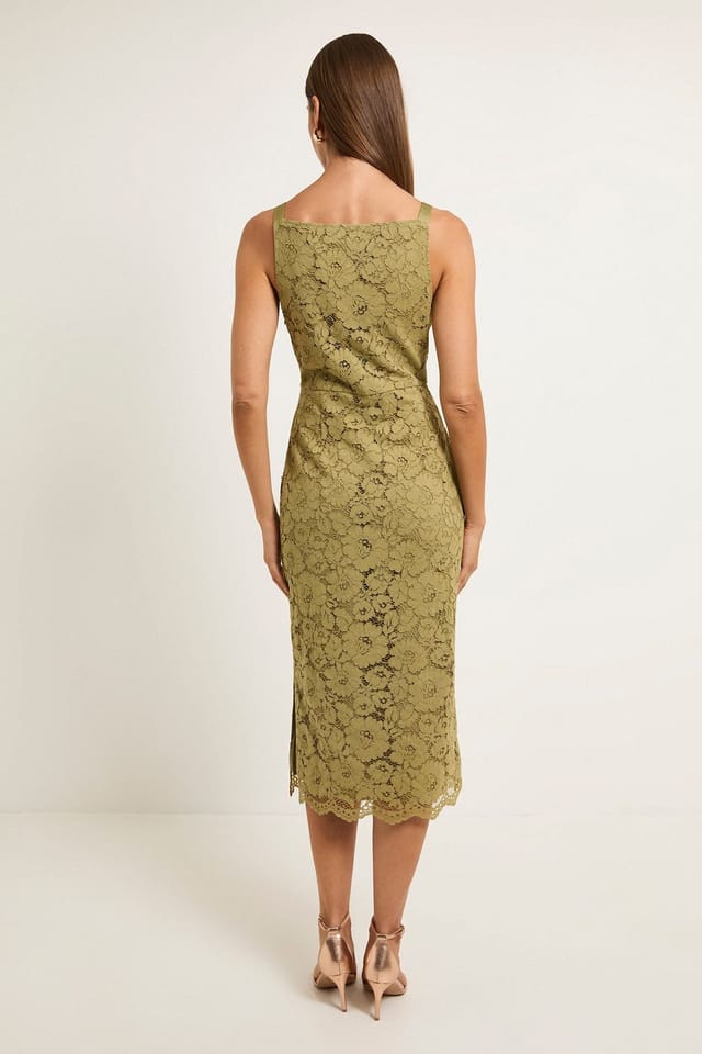 Wallis Wallis Women's Lace Satin Strap Pencil Dress in Olive - 3