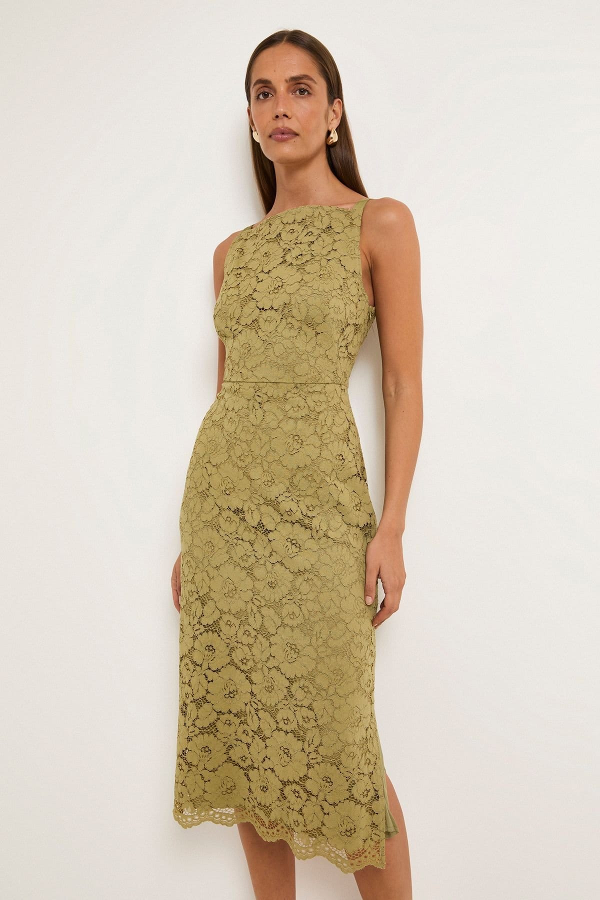 Wallis Wallis Women's Lace Satin Strap Pencil Dress in Olive - 4