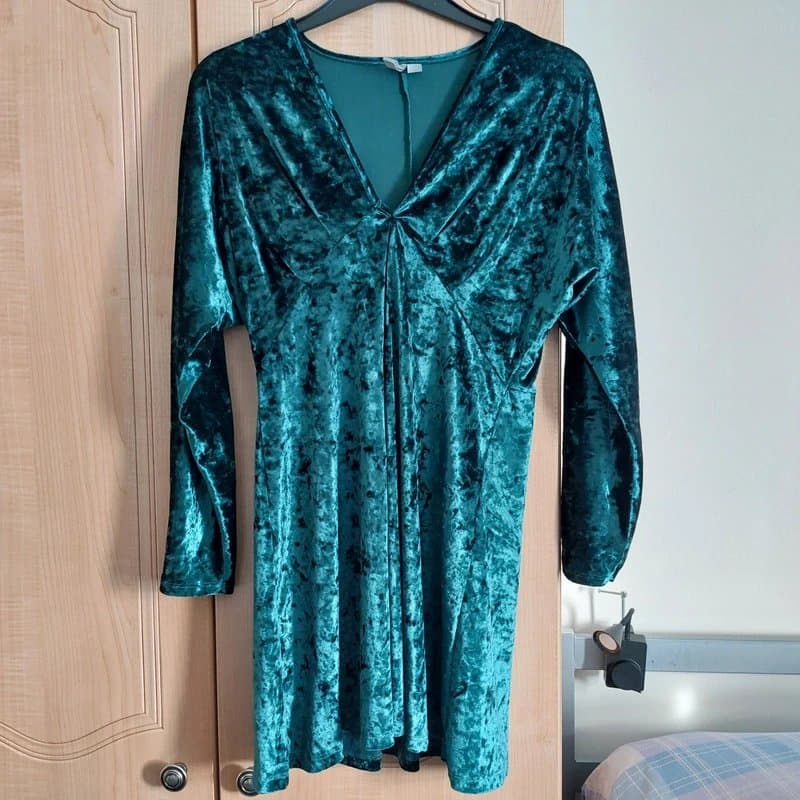 ASOS Green Petite Long Sleeve Plunge Velvet Mini Dress