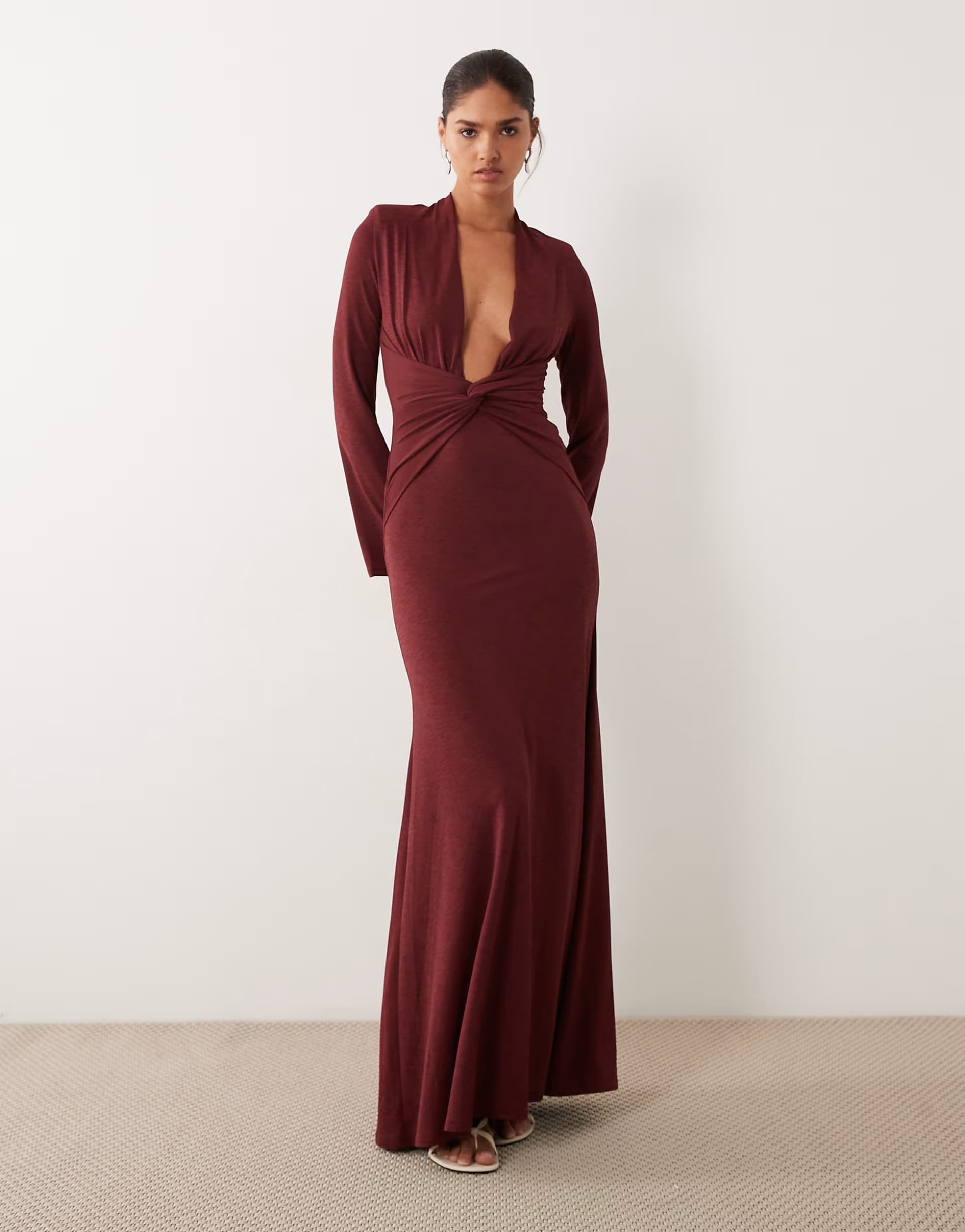 ASOS ASOS DESIGN second skin maxi dress with super plunge and twist front in chocolate
