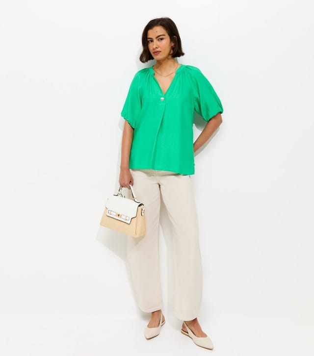 New Look Women's Bright Green Puff Sleeve V-Neck Blouse New Look - 3