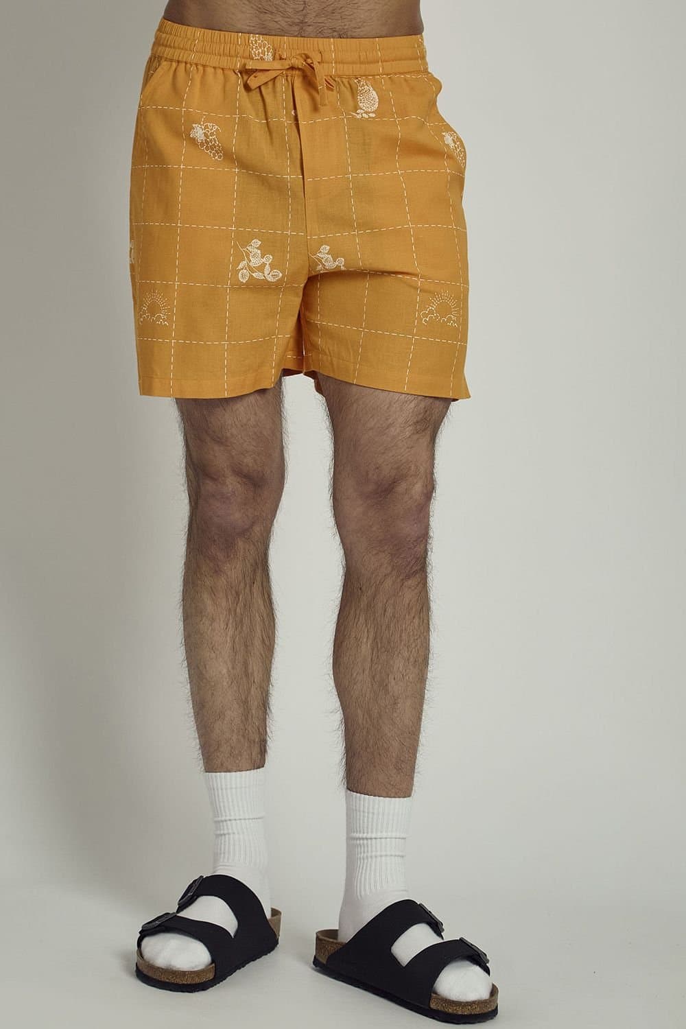 Native Youth Native Youth Men's Cotton Linen Blend Patchwork Stitch Elasticated Shorts in Orange