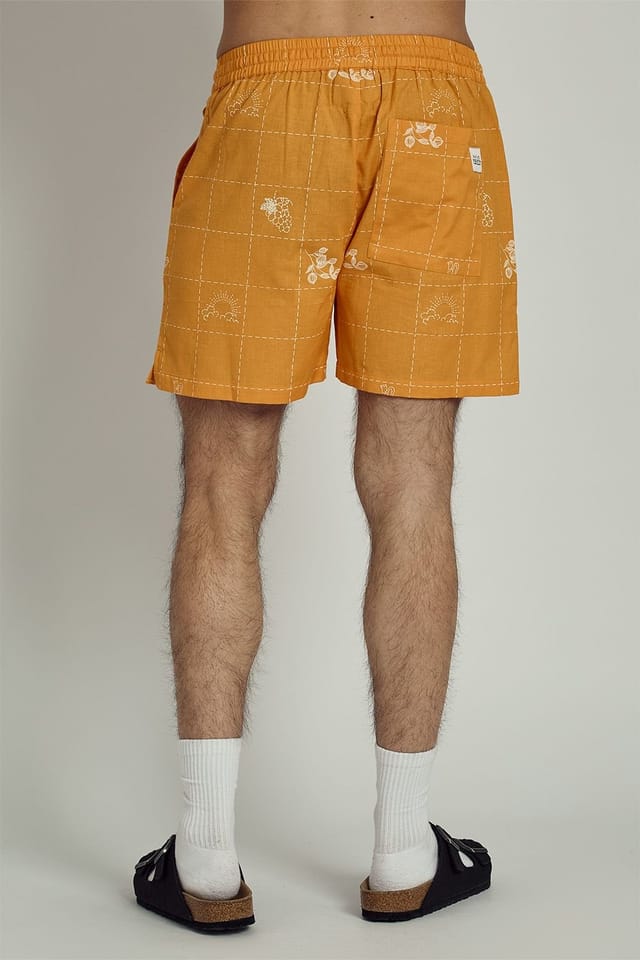 Native Youth Native Youth Men's Cotton Linen Blend Patchwork Stitch Elasticated Shorts in Orange - 2