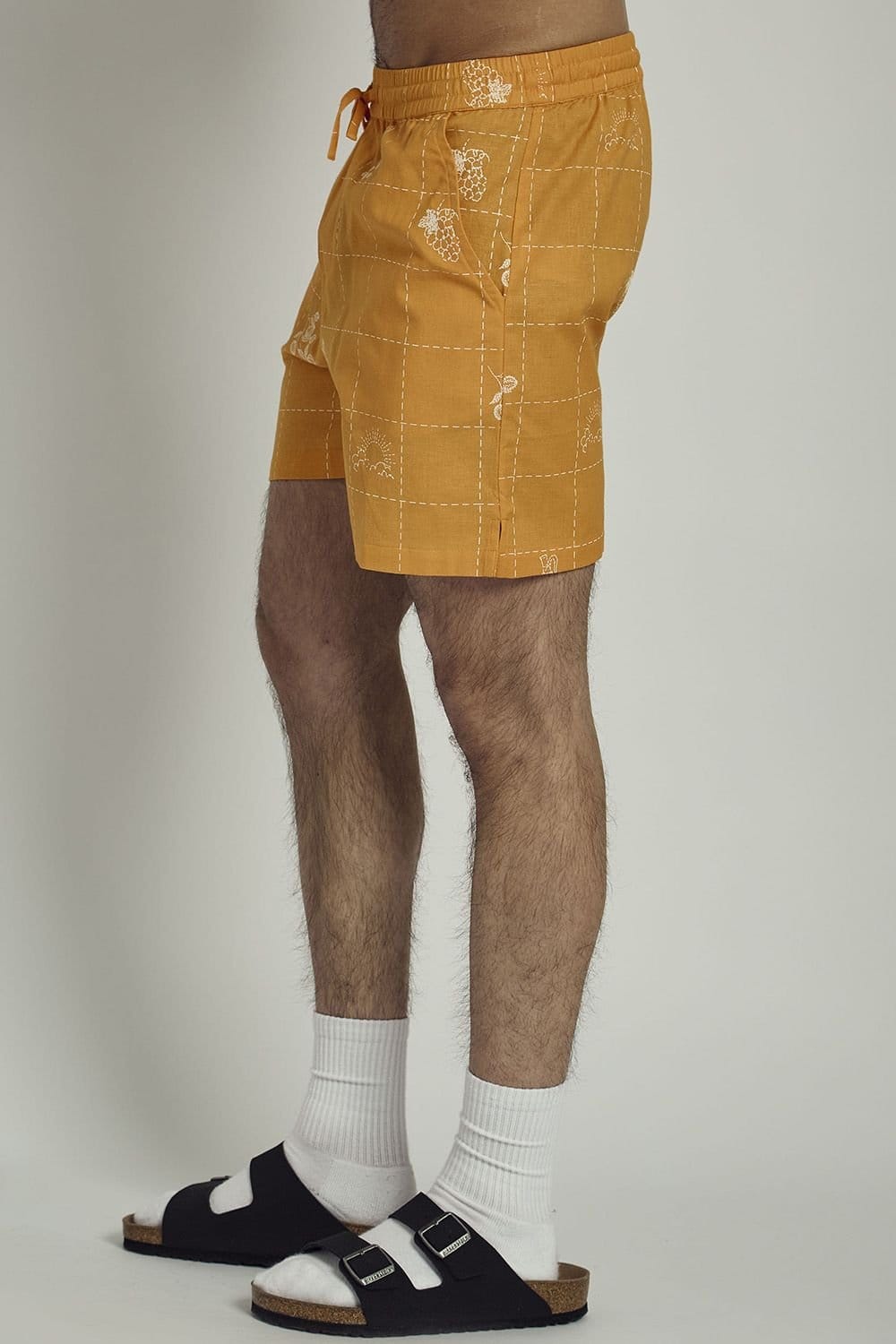 Native Youth Native Youth Men's Cotton Linen Blend Patchwork Stitch Elasticated Shorts in Orange - 4