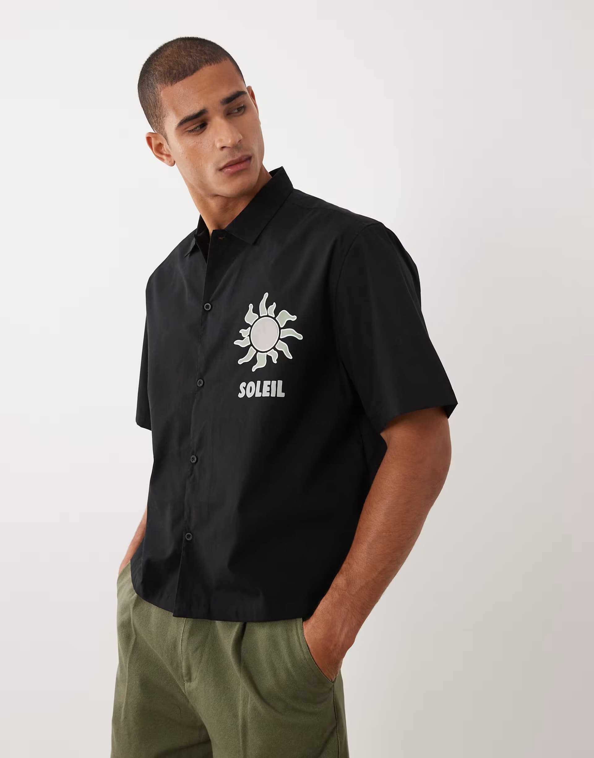 ASOS Threadbare 100% cotton boxy fit short sleeve shirt with sun graphic in black