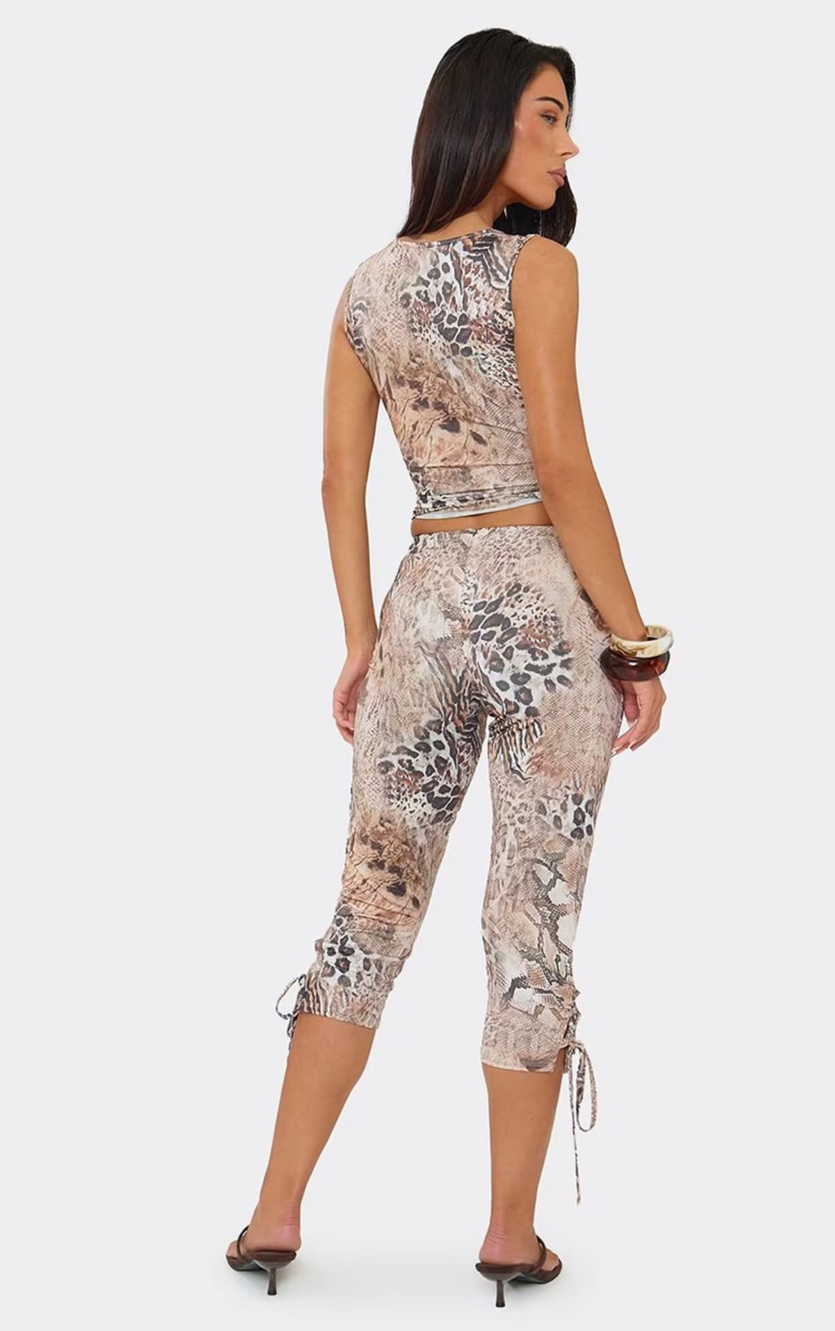EGO Mid Rise Lace Up Front Capri Trousers In Brown Leopard Print, Women's Size UK 6 - 1