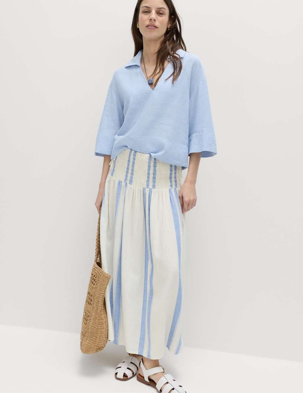 M&S Blue Linen-Rich Shirred Tie Detail Maxi Skirt