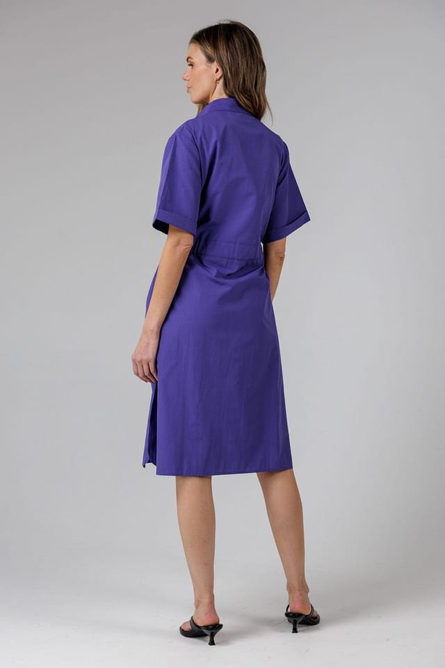 French Connection French Connection Women's Cotton Blend Short Sleeve Tie Waist Poplin Midi Shirt Dress in Blue - 2