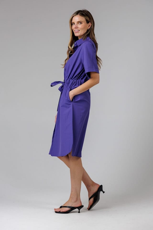 French Connection French Connection Women's Cotton Blend Short Sleeve Tie Waist Poplin Midi Shirt Dress in Blue - 3