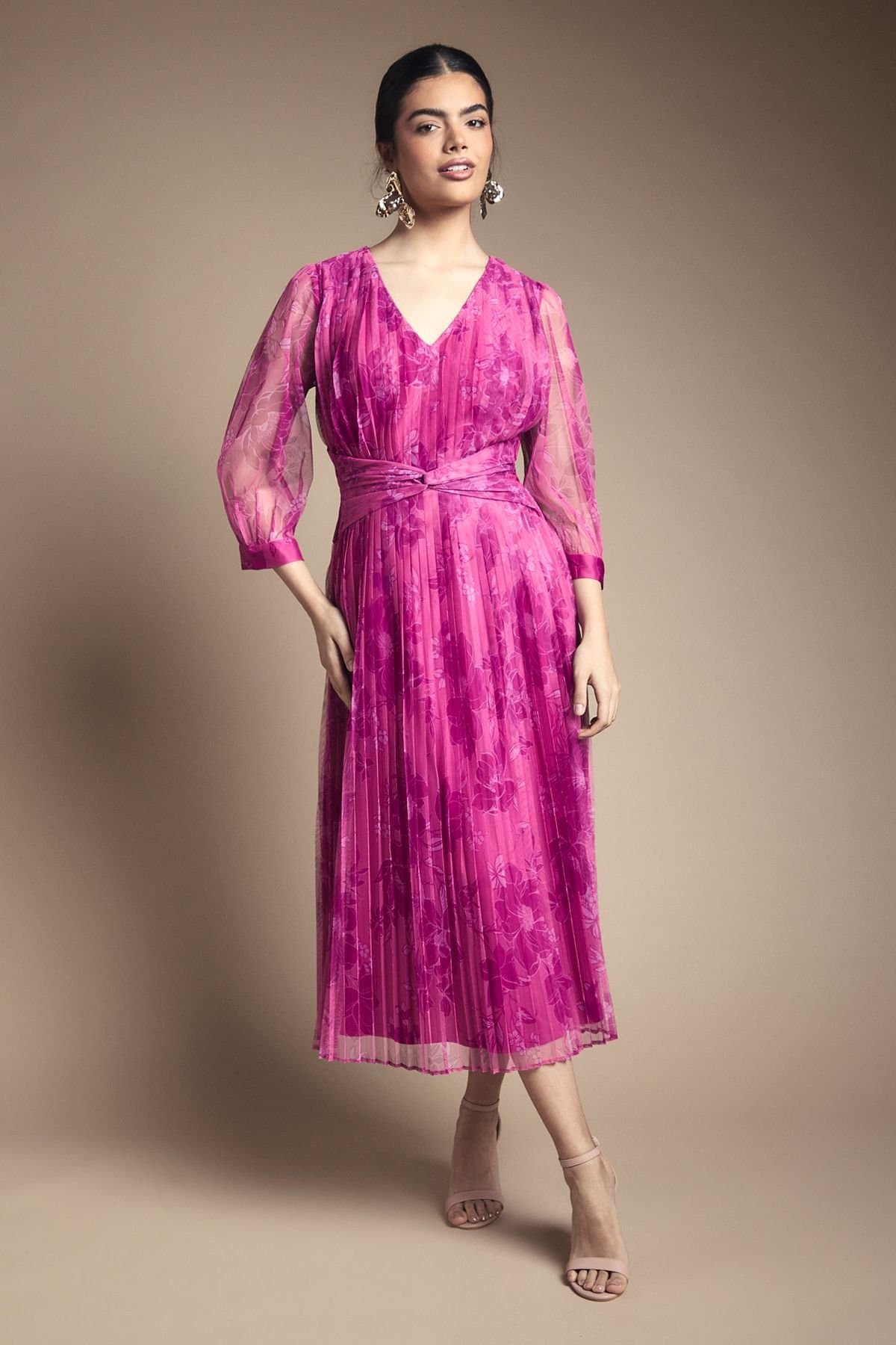 Wallis Wallis Women's Mesh Pleated Twist Waist Midi Dress in Pink