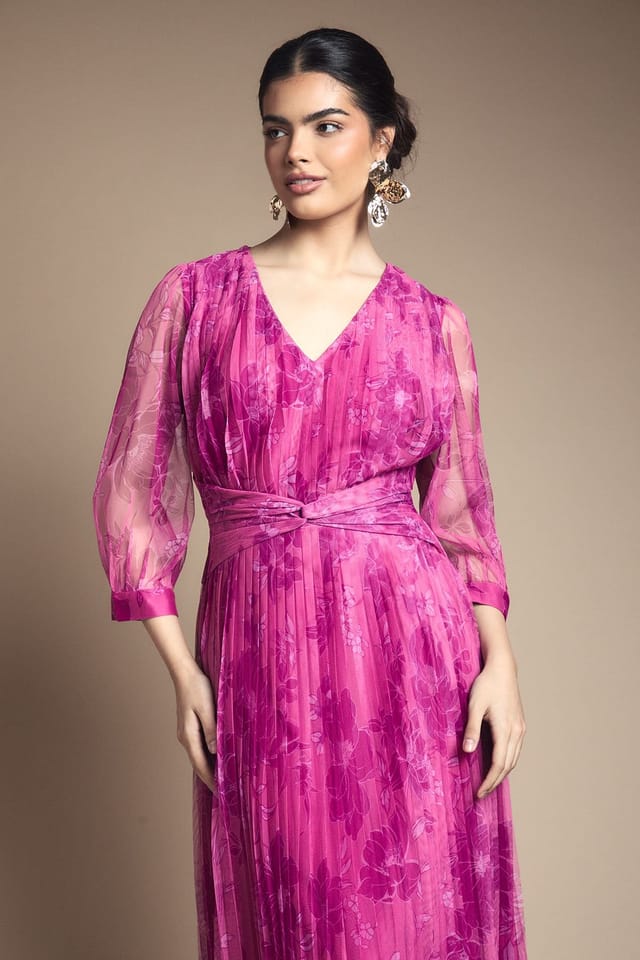 Wallis Wallis Women's Mesh Pleated Twist Waist Midi Dress in Pink - 2