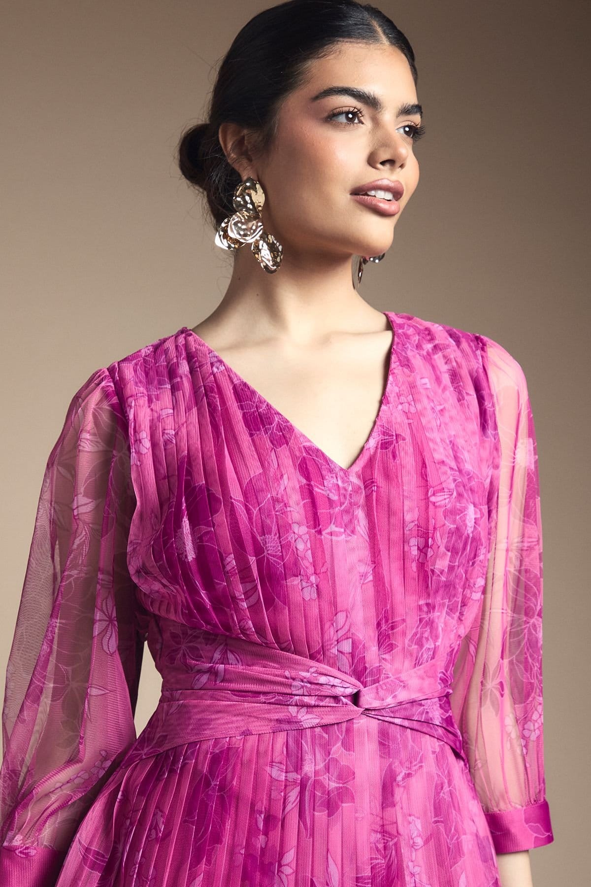 Wallis Wallis Women's Mesh Pleated Twist Waist Midi Dress in Pink - 4