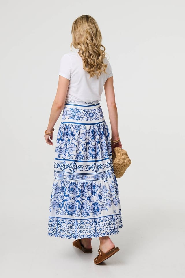 Izabel London Izabel London Women's Mosaic Print High Waist Tiered Maxi Skirt in Blue - 3