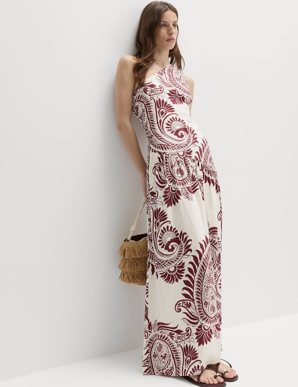 Marks & Spencer M&S Linen Rich One Shoulder Maxi Shift Dress Wine Mix