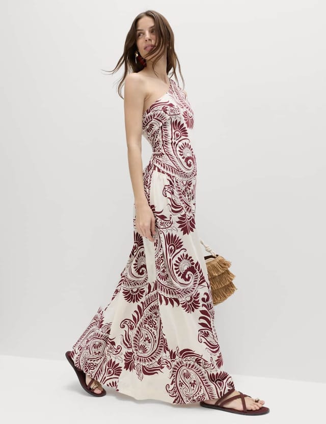 Marks & Spencer M&S Linen Rich One Shoulder Maxi Shift Dress Wine Mix - 3