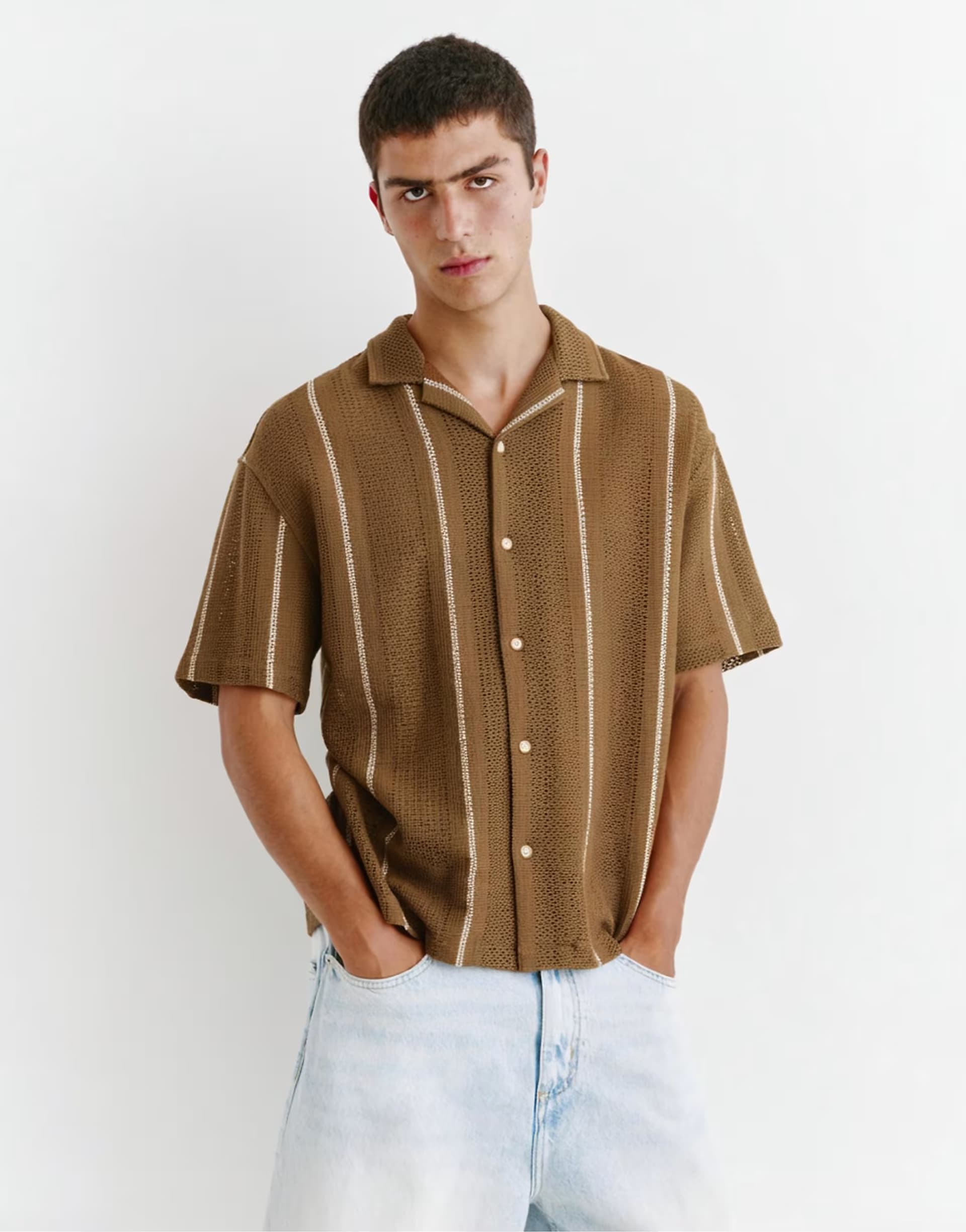 ASOS Pull&Bear Striped short sleeve shirt in chocolate