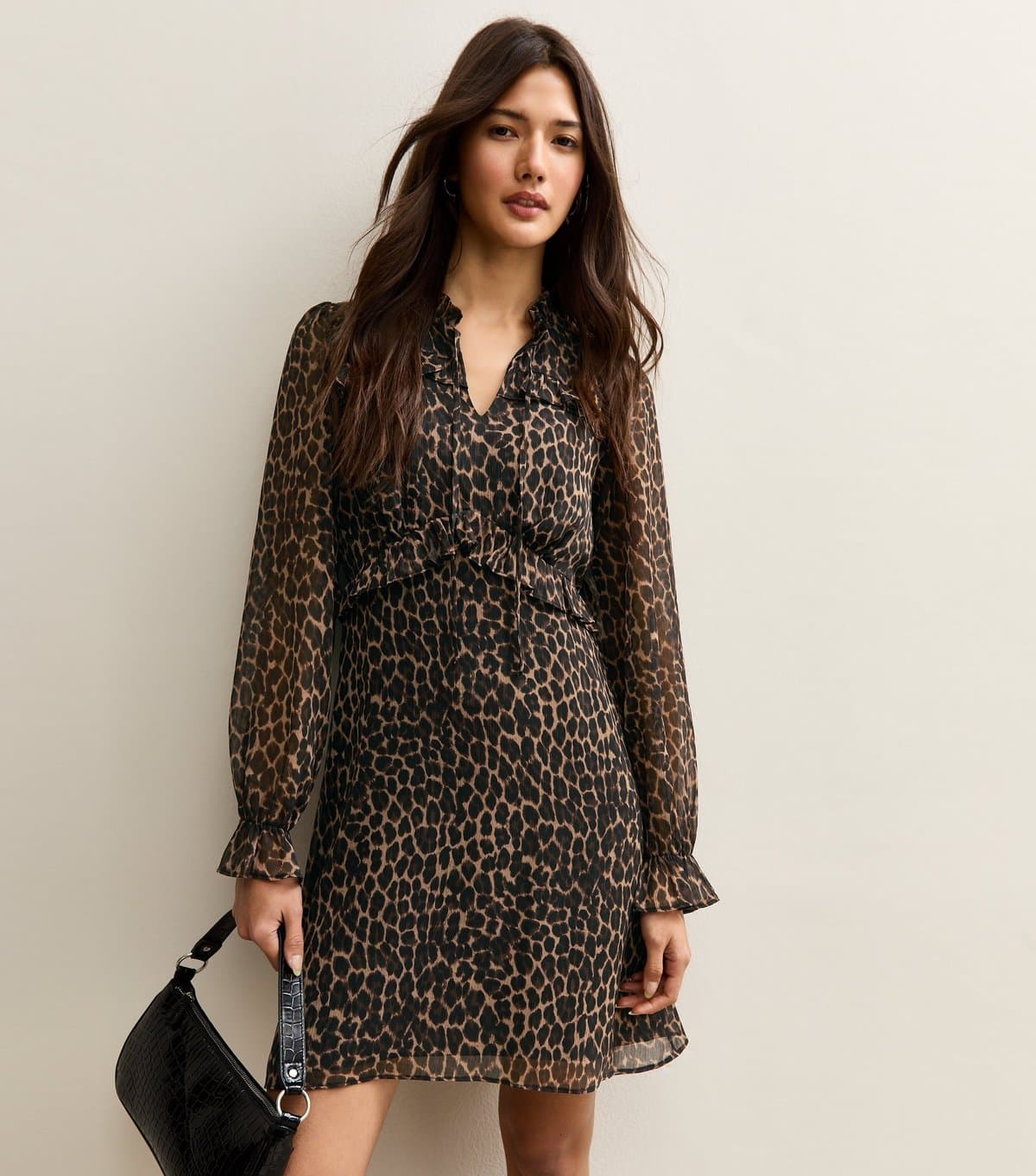 New Look Women's Brown Animal Print Long Sleeve Frill High Neck Mini Dress New Look