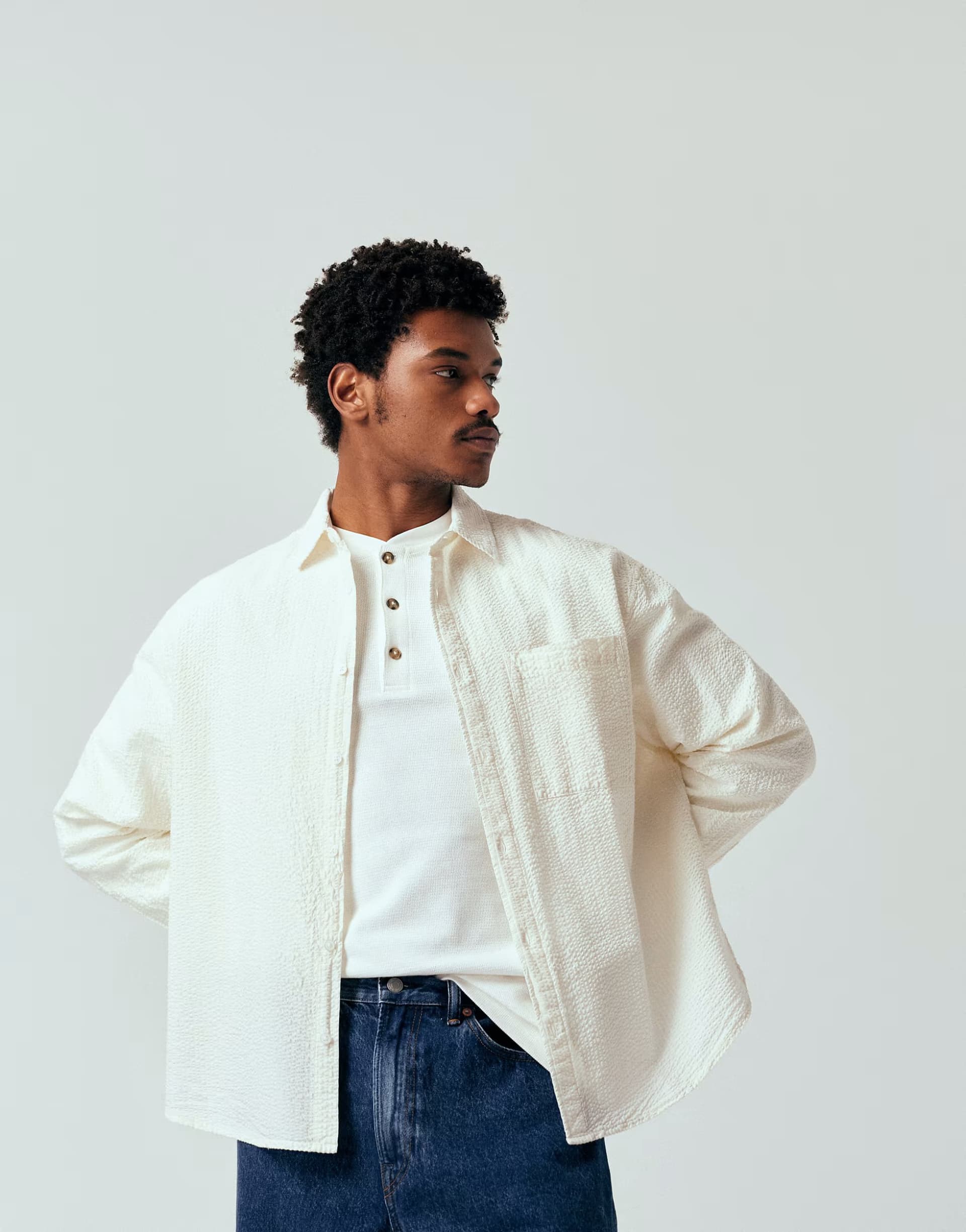 ASOS ASOS DESIGN oversized long sleeve seersucker shirt in off white